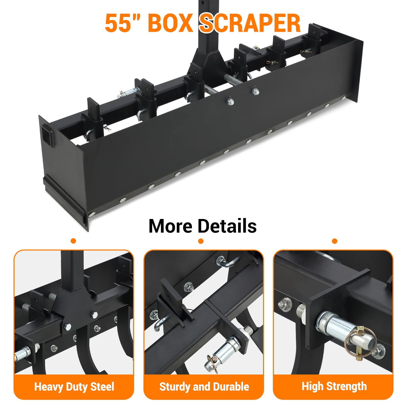 Garvee Tow Behind Box Scraper, 55 Inch Three-Point Quick Hitch Box Scraper Fit Cat 1, Heavy Duty Box Blade Lawn Tractor Attachments for Leveling, Grading, Landscaping, Black