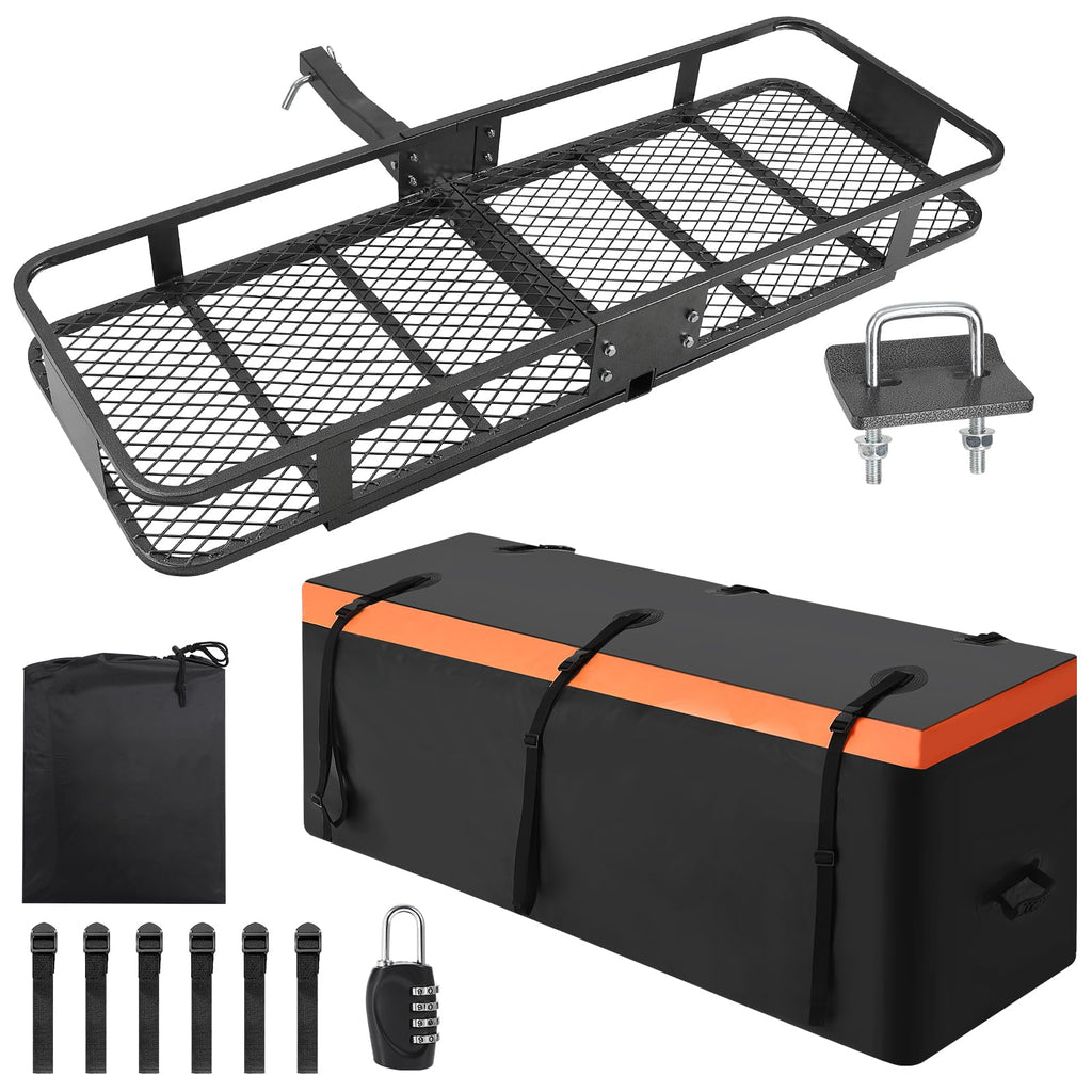 Garvee Hitch Mount Cargo Carrier Basket (60" x 20" x 5.9") – 200 lbs Capacity, Includes 15 Cubic Feet Waterproof Bag, Hitch Stabilizer, Net & Straps, 2-Inch Folding Shank, Steel Construction