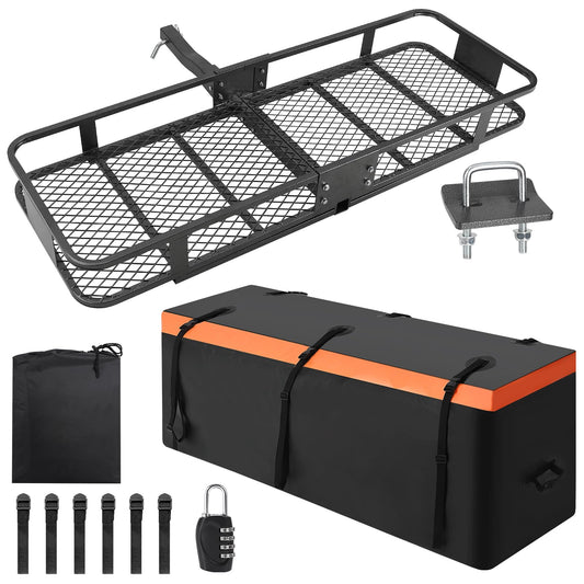 Garvee Hitch Mount Cargo Carrier Basket (60" x 20" x 5.9") – 200 lbs Capacity, Includes 15 Cubic Feet Waterproof Bag, Hitch Stabilizer, Net & Straps, 2-Inch Folding Shank, Steel Construction