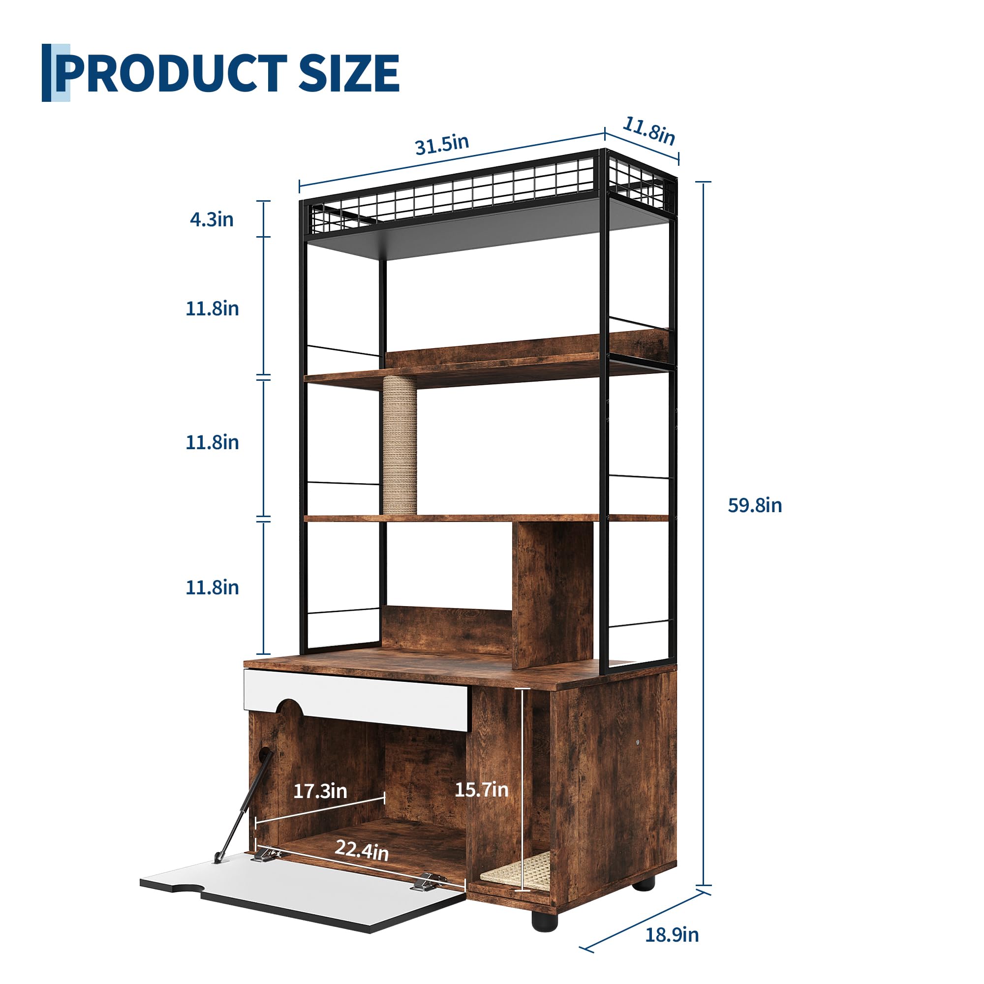 Garvee Hidden Litter Box Enclosure with Storage Rack & Cat Scratching Post Wood & Metal 2-in-1 Pets Furniture with Shelf Corridor Cushioned Mat