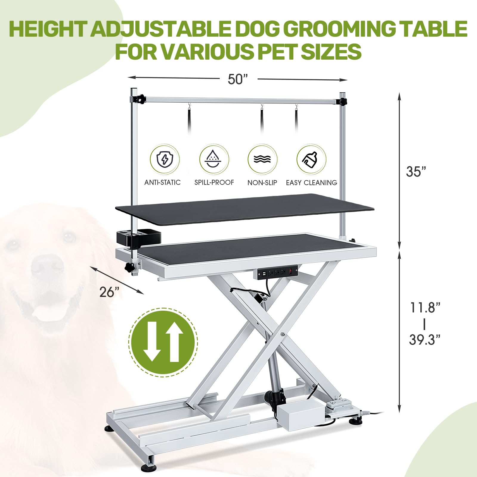 Garvee 50" Professional Dog Grooming Table,Heavy Duty X-Type Electric Lift Large Pet Grooming Table w/Aluminum Dog Grooming Arm,Anti Slip Tabletop,Tool Organizer/Dog Grooming Station,Black
