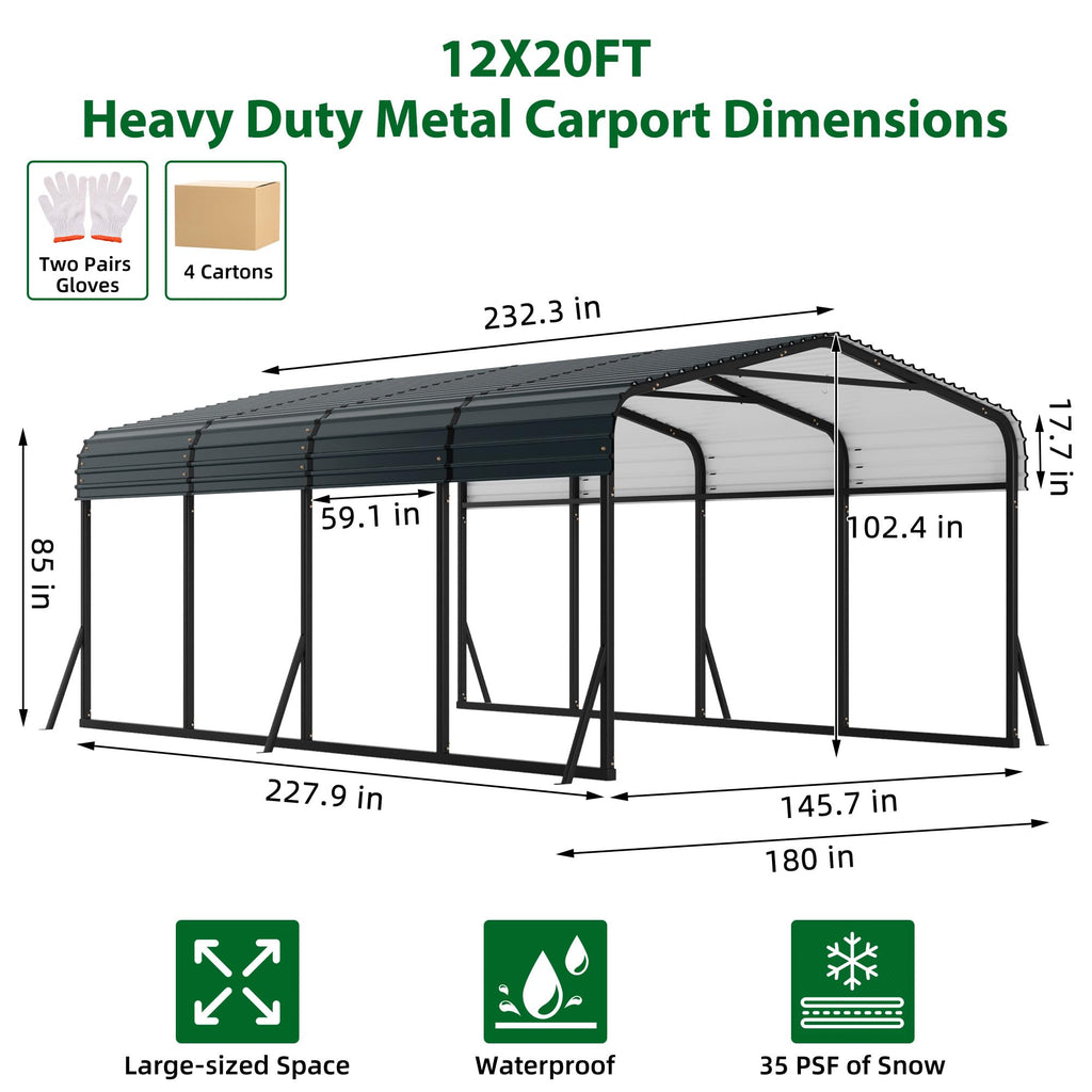 Garvee 12' × 20' Metal Carport, Galvanized Steel Roof Outdoor Shelter with Powder-Coated Frame, Anchors & 6 Support Rods, Dark Grey