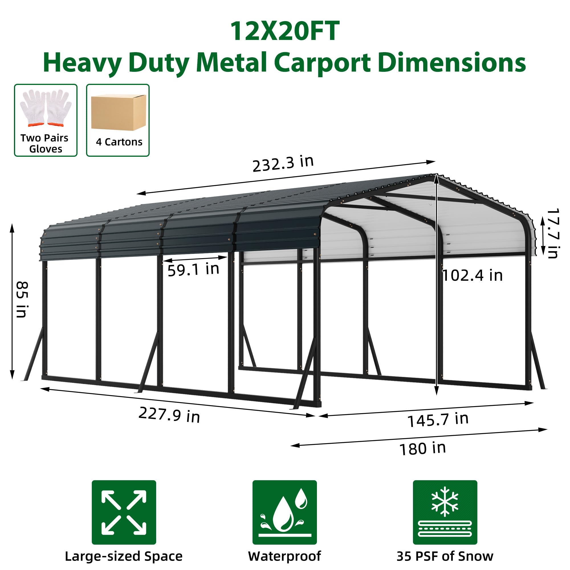Garvee 12' × 20' Metal Carport, Galvanized Steel Roof Outdoor Shelter with Powder-Coated Frame, Anchors & 6 Support Rods, Dark Grey