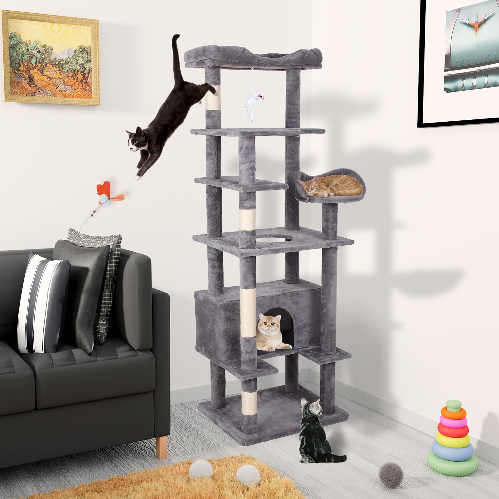 Garvee Cat Tree Tower, Multi-Level Indoor Cat Playground, Faux Fur Lounging Spot, Scratching and Exercise Post, with Anti-Tip Kit
