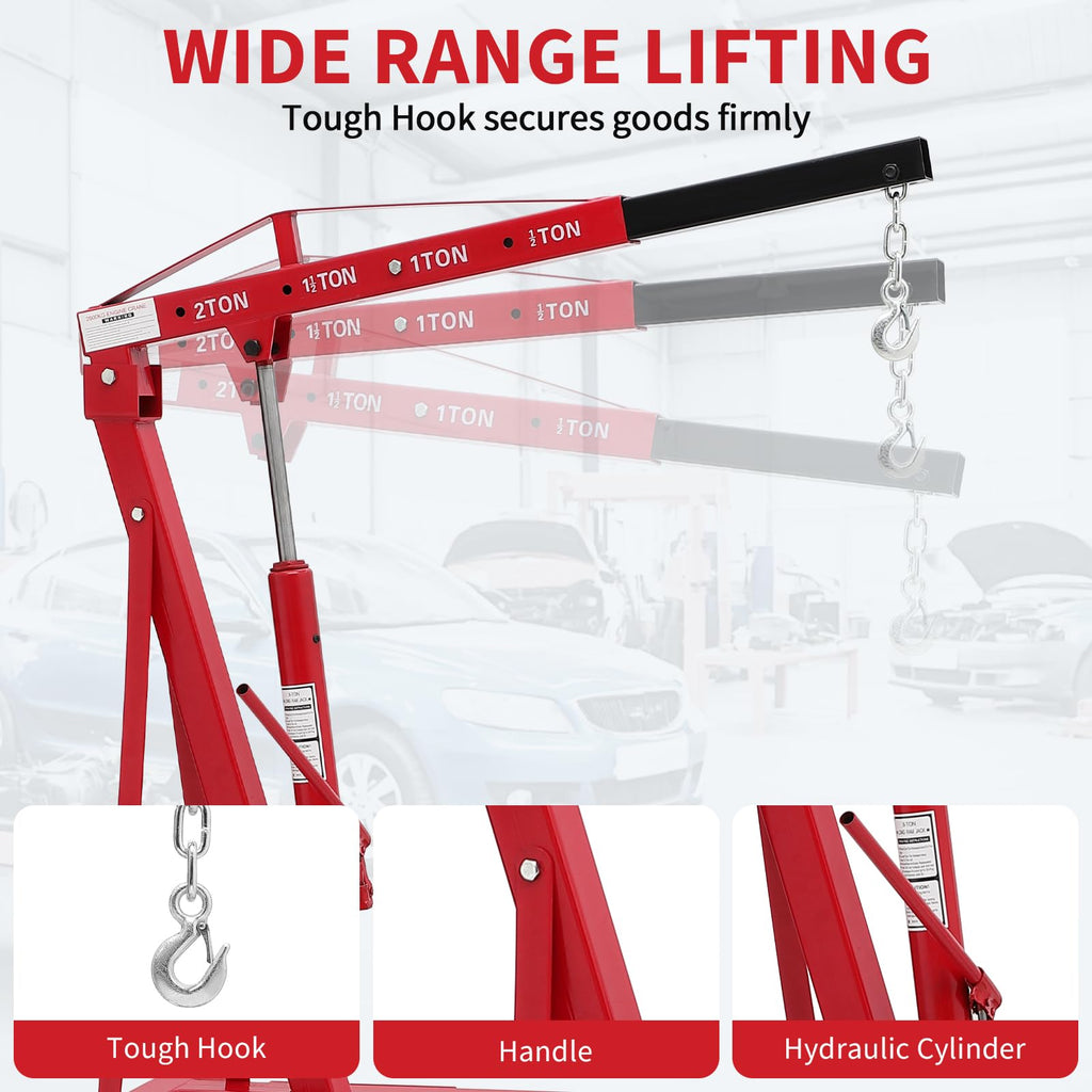Garvee 2-Ton Folding Engine Hoist - Cherry Picker Hydraulic Shop Crane with 4400 lbs Capacity, Red