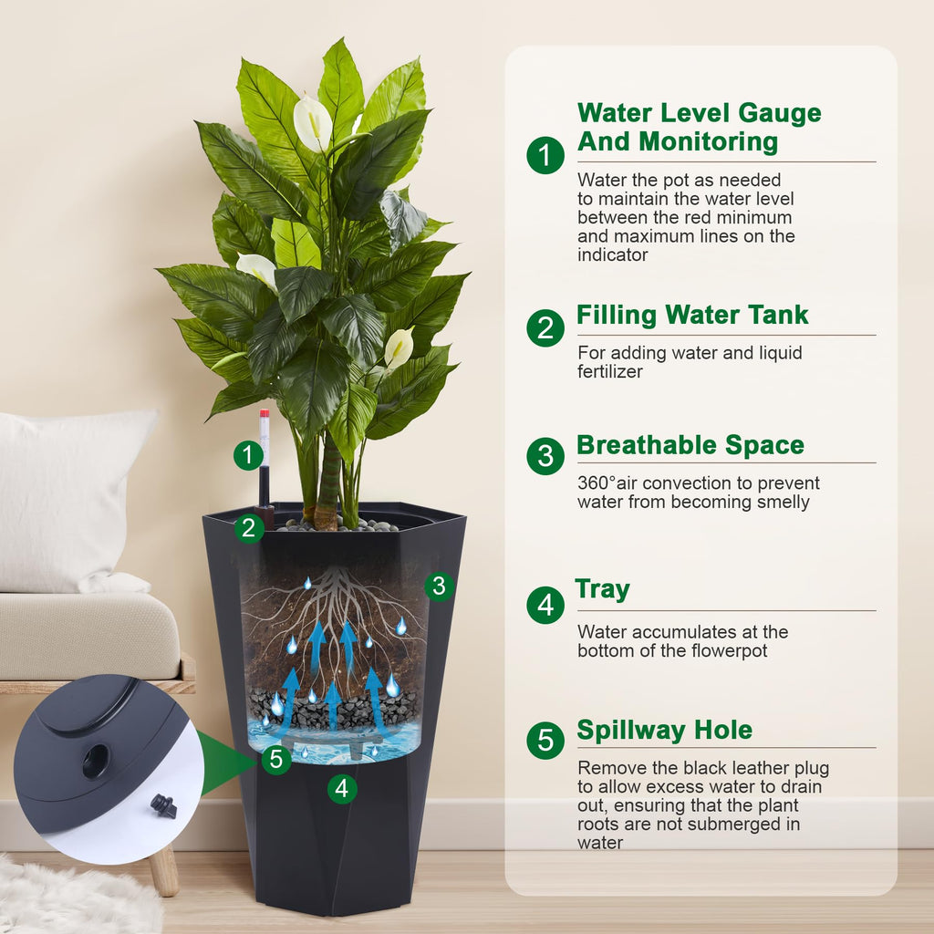 Garvee 23" Tall Planters Set of 2, Outdoor＆Indoor Planter Pots, High Front Porch Planter Pots with Drainage Holes＆Water Level Monitor＆Inner Bucket, Automatic Watering, Convenience Instill, Black