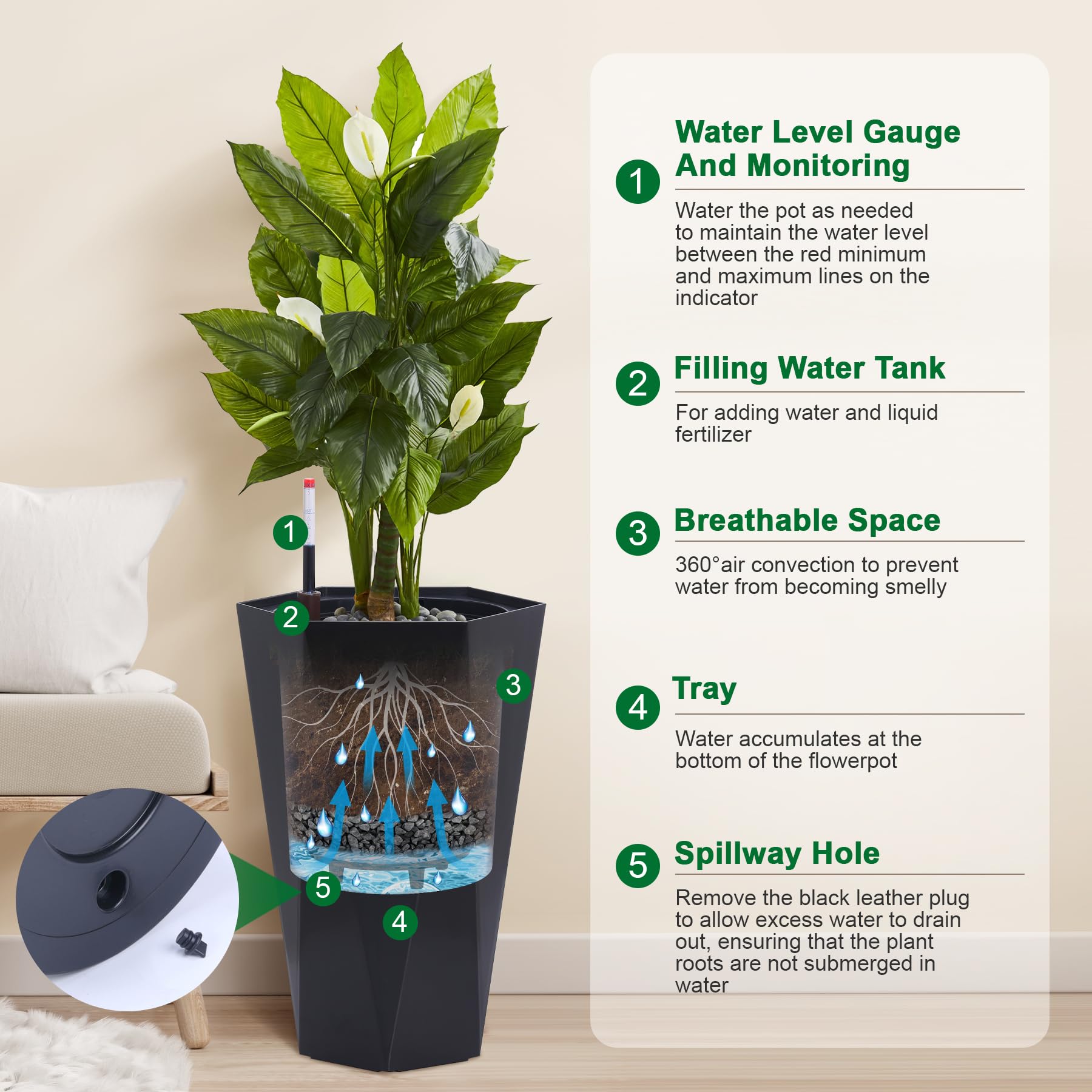Garvee 23" Tall Planters Set of 2, Outdoor＆Indoor Planter Pots, High Front Porch Planter Pots with Drainage Holes＆Water Level Monitor＆Inner Bucket, Automatic Watering, Convenience Instill, Black