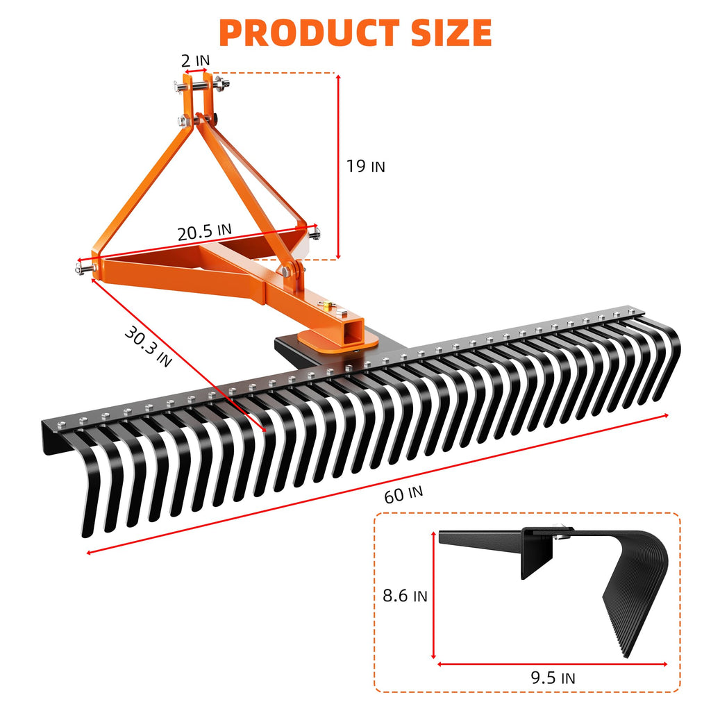 Garvee 3 Point 5 FT Landscape Rake, 60" Width 3 Point Rock Rake Tow-Behind Garden Tool for Compact Tractors, Fits Category 1 Hookup, 360 Degree Rotation Lawn Rake