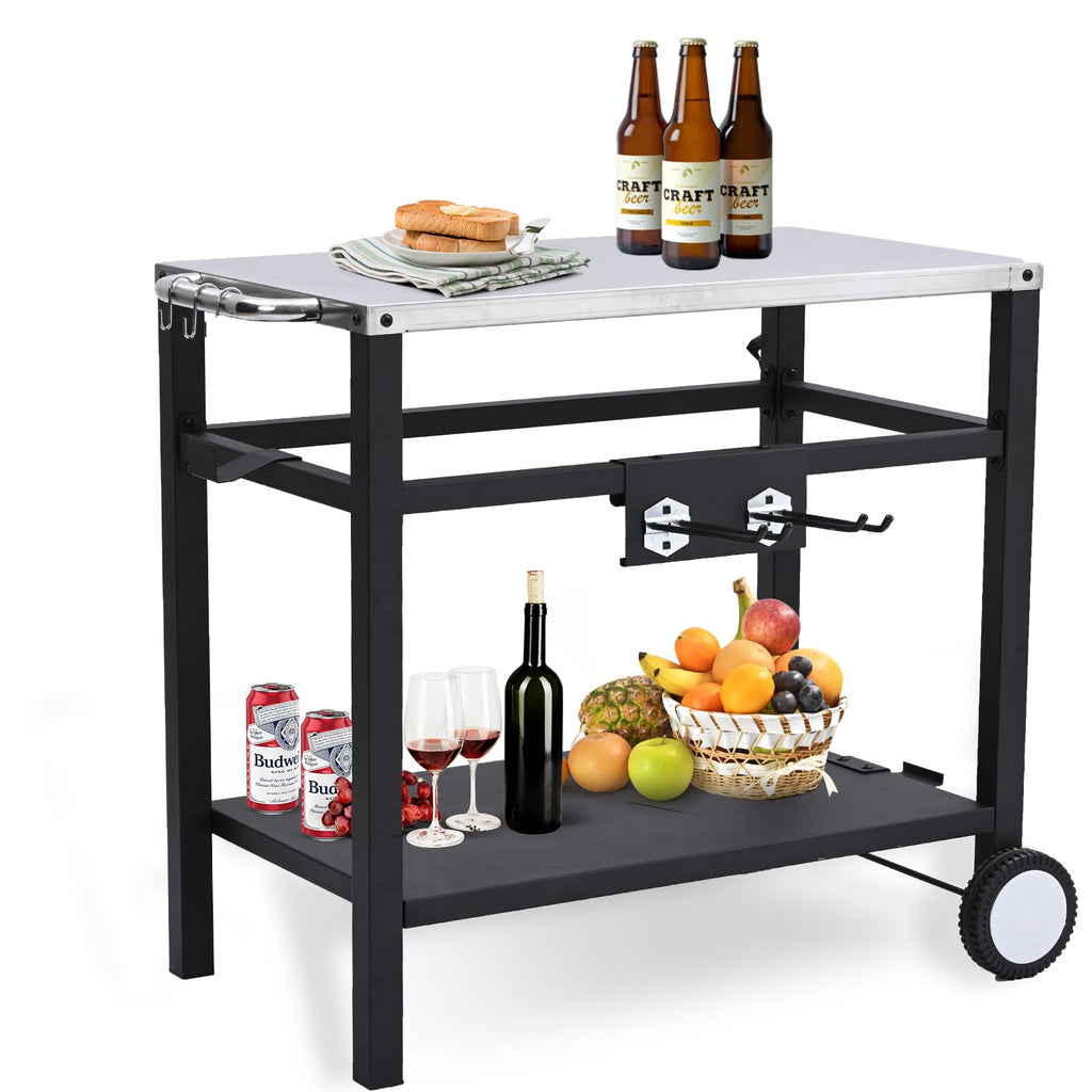 Garvee Outdoor Grill Cart with Wheels & Hooks for Pizza Oven – Portable Stainless Steel Utility Table, Prep Station, Silver