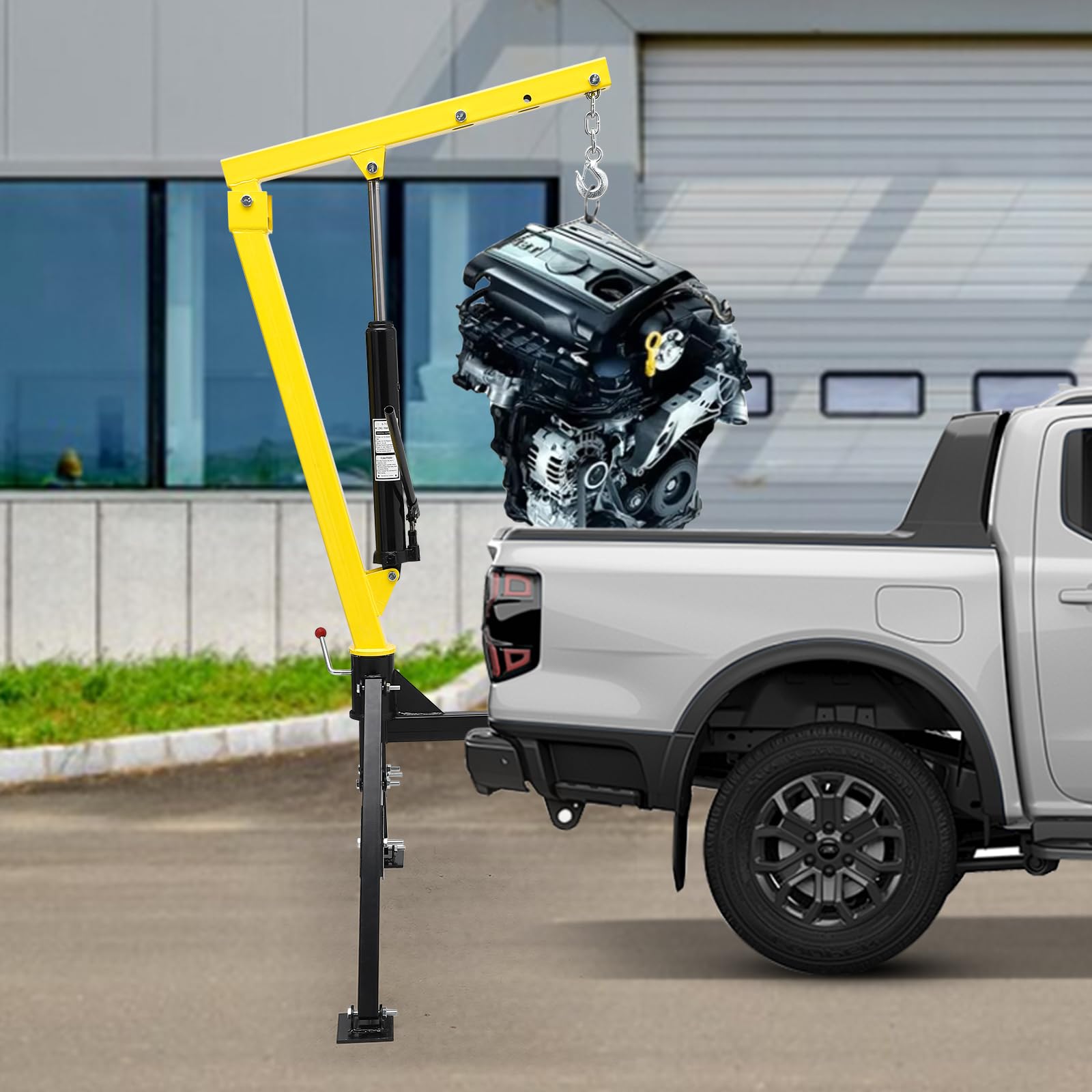 Garvee Hydraulic Hitch-Mount Truck Crane - 1000lb Capacity with Adjustable Arm Length and Boom Height, Heavy-Duty Steel Construction, Yellow