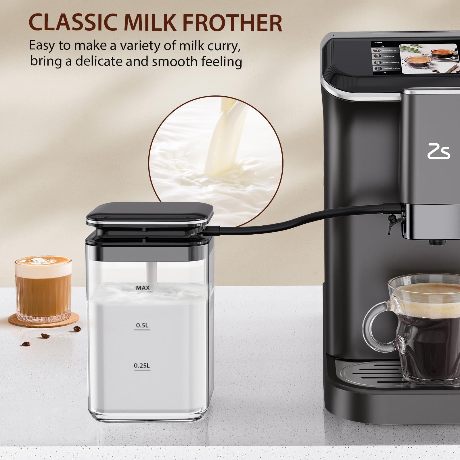 Garvee Fully Automatic Espresso Machine with Automatic Milk Frother, Built-In & Adjustable Espresso Bean Grinder, One-Touch Single/Double Shot for Espresso, 7 Coffee Varieties, 1.5 Liter, Black