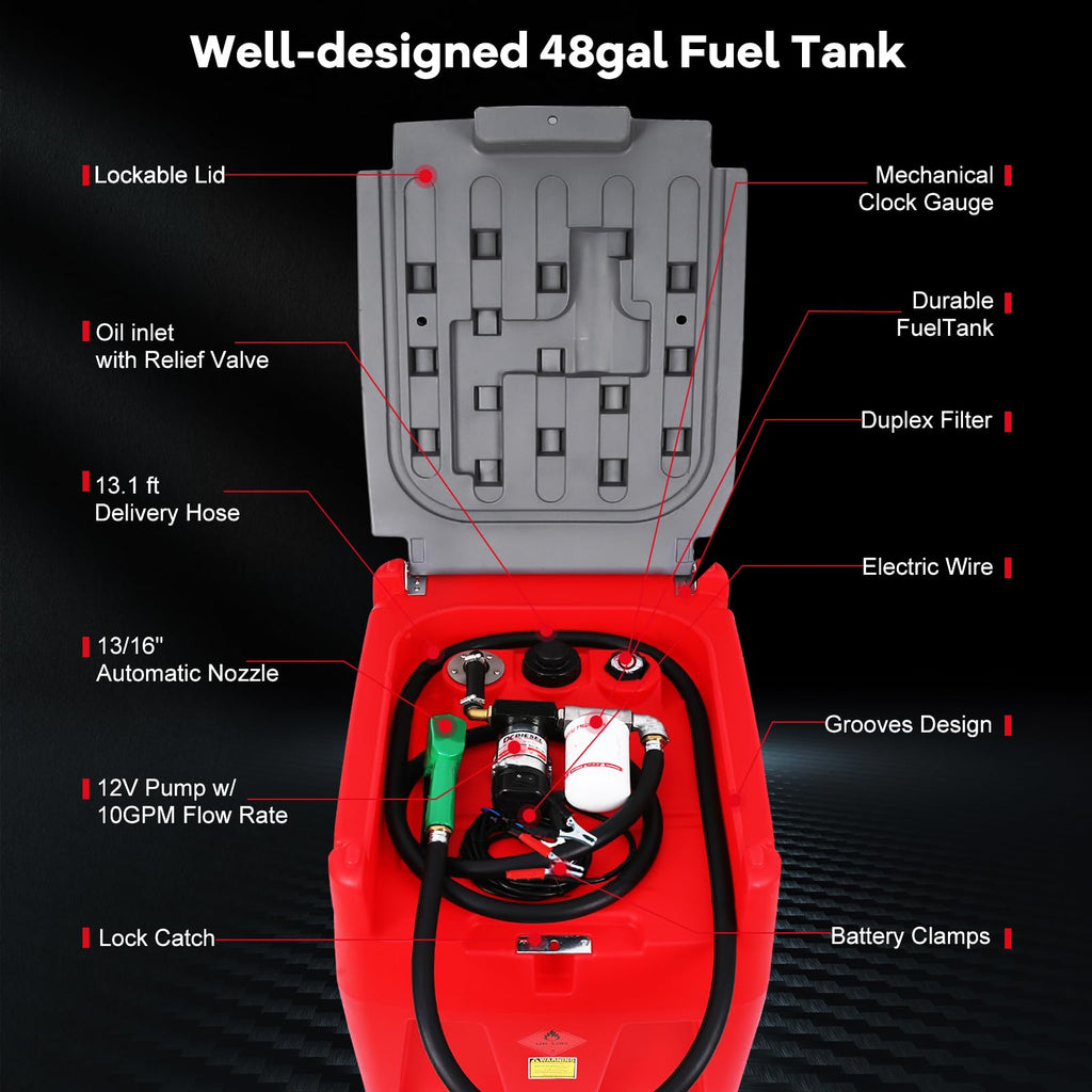 Garvee 48 Gallon Portable Diesel Fuel Tank with 12V Electric Transfer Pump, High Flow Rate 10 GPM, Durable Red Diesel Transfer Tank for Easy Transportation