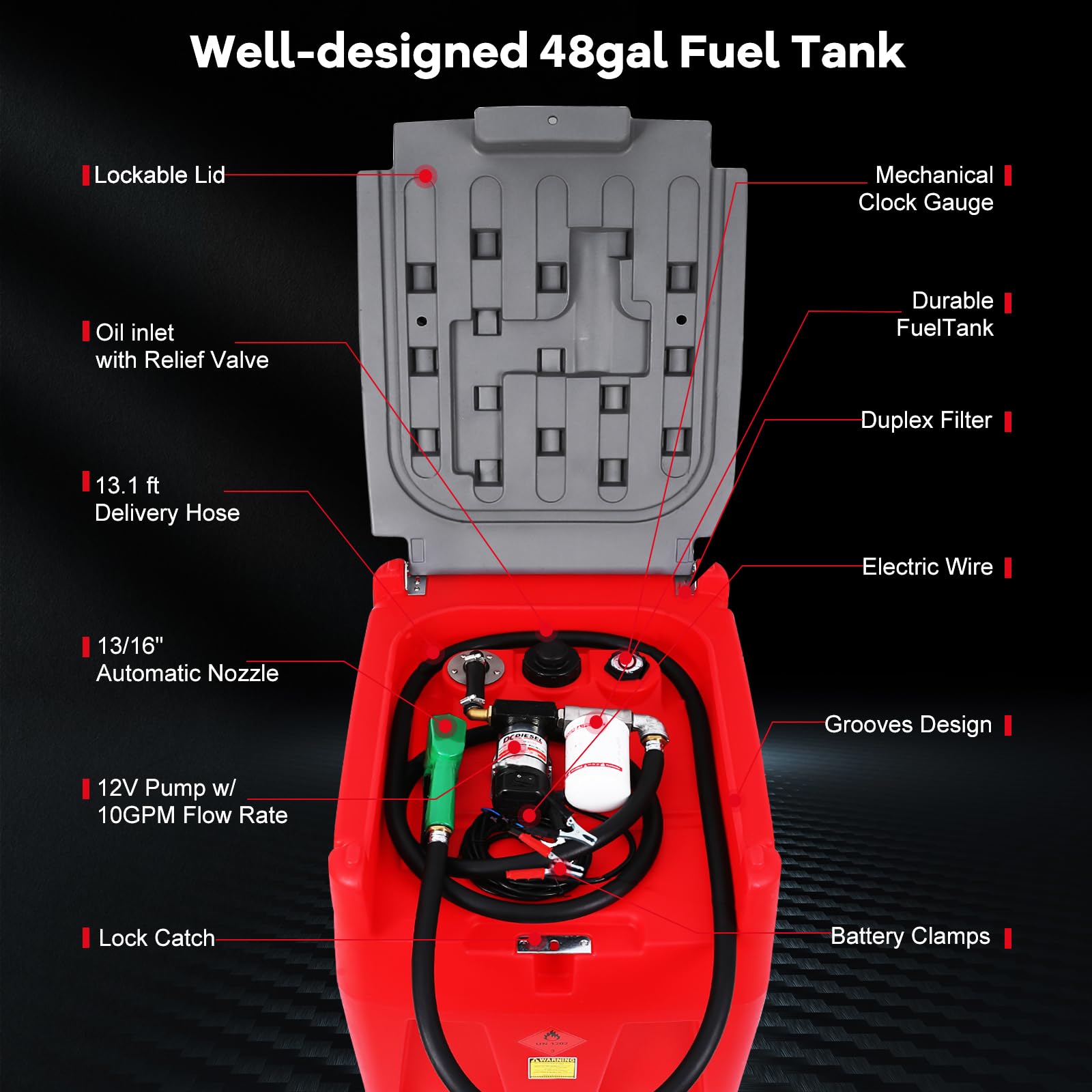 Garvee 48 Gallon Portable Diesel Fuel Tank with 12V Electric Transfer Pump, High Flow Rate 10 GPM, Durable Red Diesel Transfer Tank for Easy Transportation
