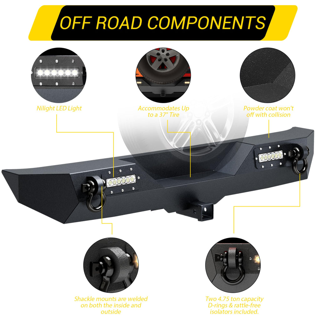 Garvee Rear Bumper Compatible With Wrangler JK, Rock Crawler Rear Bumper Cover With Hitch Receiver & 2X LED Lights, Off Road, Black