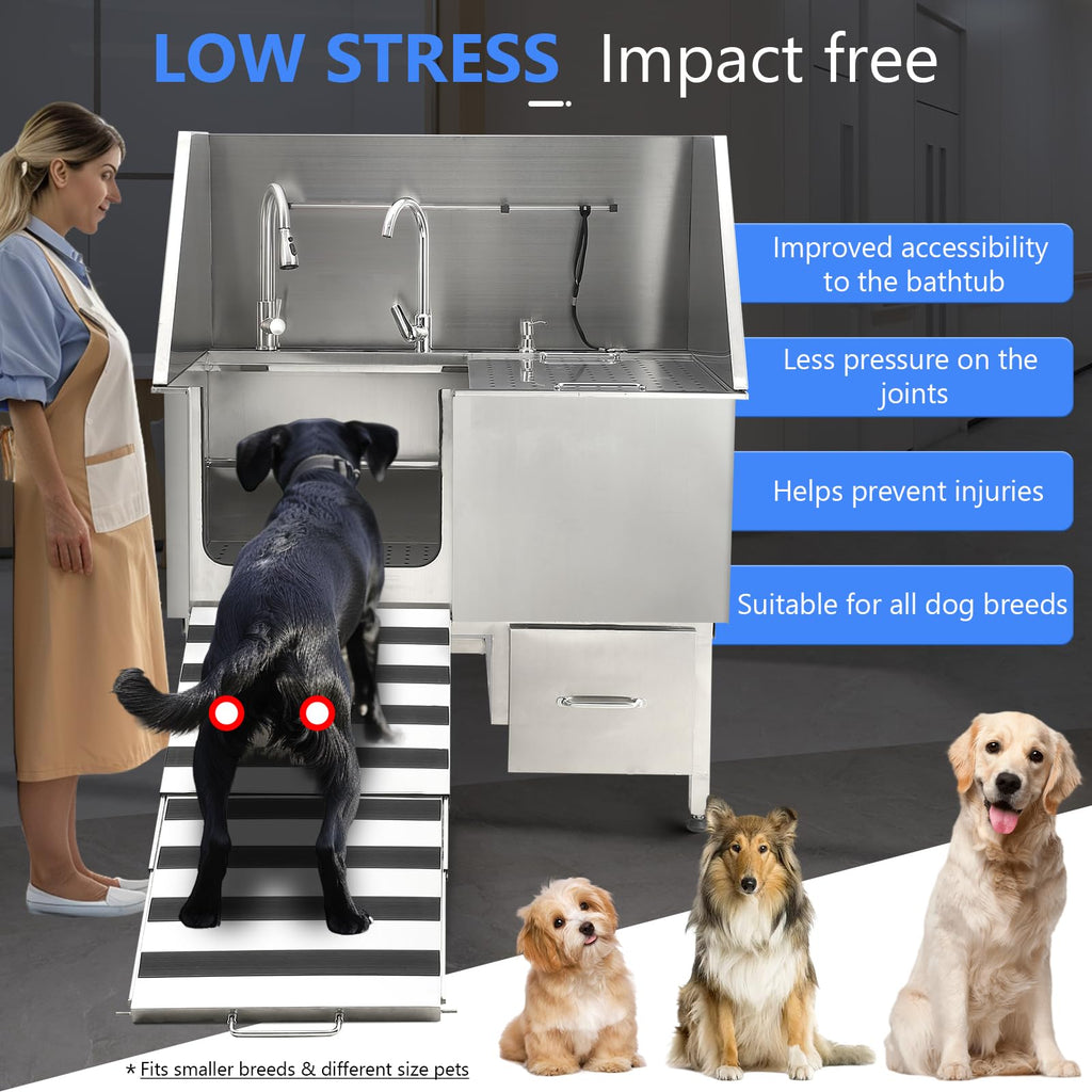 Garvee Professional Dog Grooming Bathing Station, Stainless Steel Dog Bathtub with Foldable Ramp, Storage Drawer, Floor Grate & Faucet/Dog Bathtub for Large, Medium & Small Pets - Right Door (50")