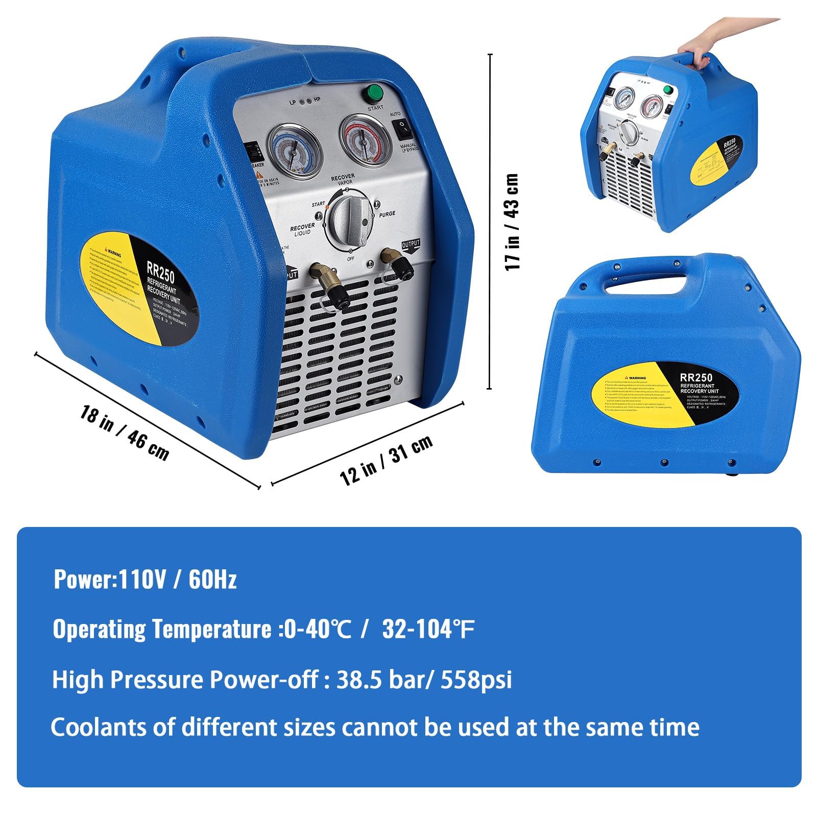 Garvee 110-120V Ac 60Hz 3/4 Horsepower Single Cylinder Portable Refrigerant Recovery Machine,Blue