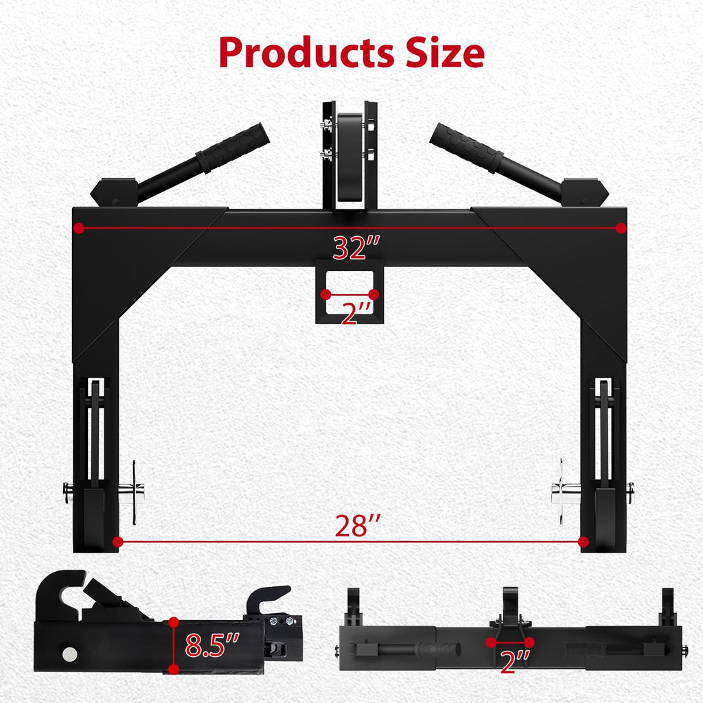 Garvee 3-Point Quick Hitch for Category 1 & 2 Tractors, 3000 lbs Capacity with 2" Receiver, 28" Lower Arm Width, Adjustable 15" to 18", Black