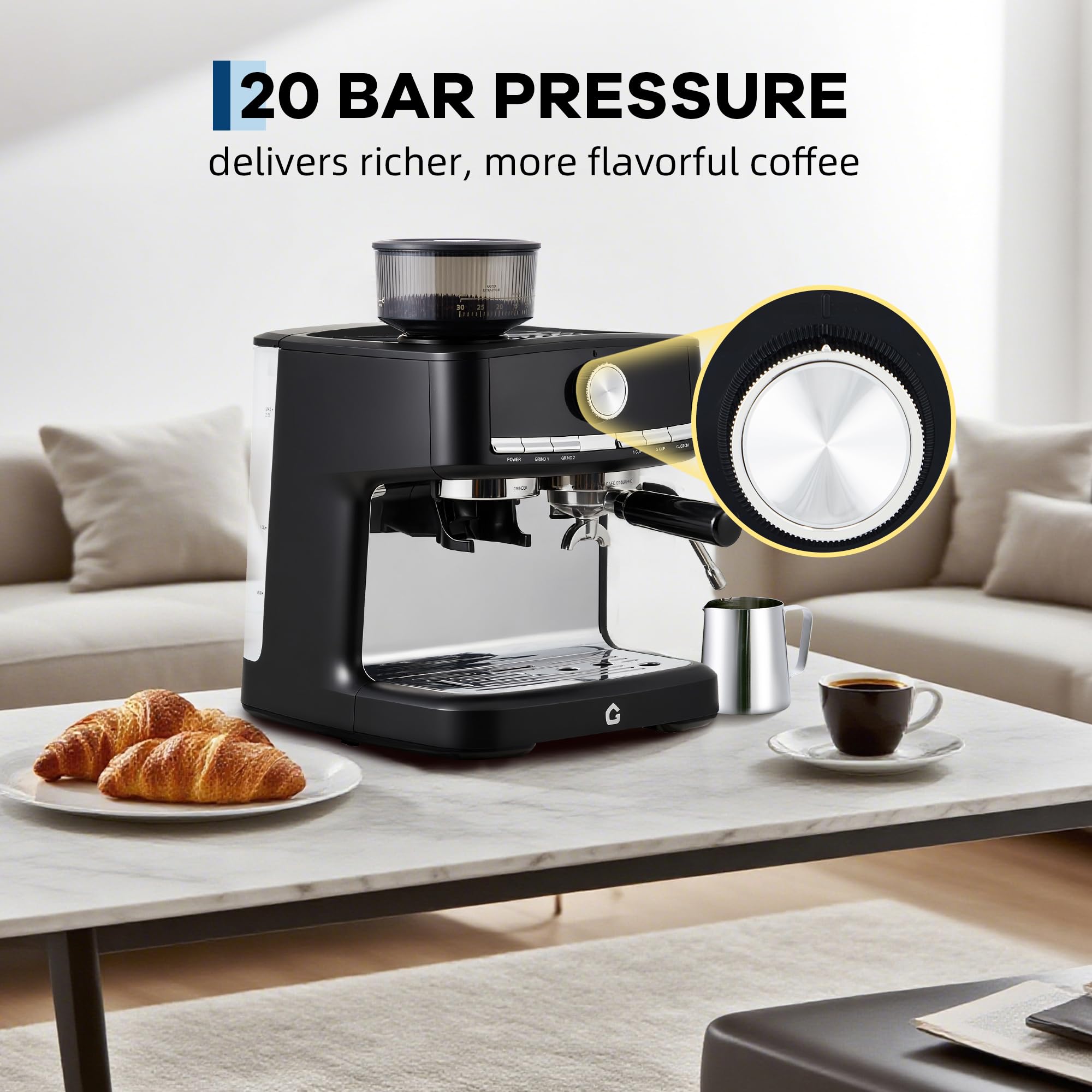 Garvee 20 Bar Pressure Espresso Machine with Grinder, Milk Frother for Home/Office, 1.5L Removable Tank, Adjustable Shot Volume, Silver