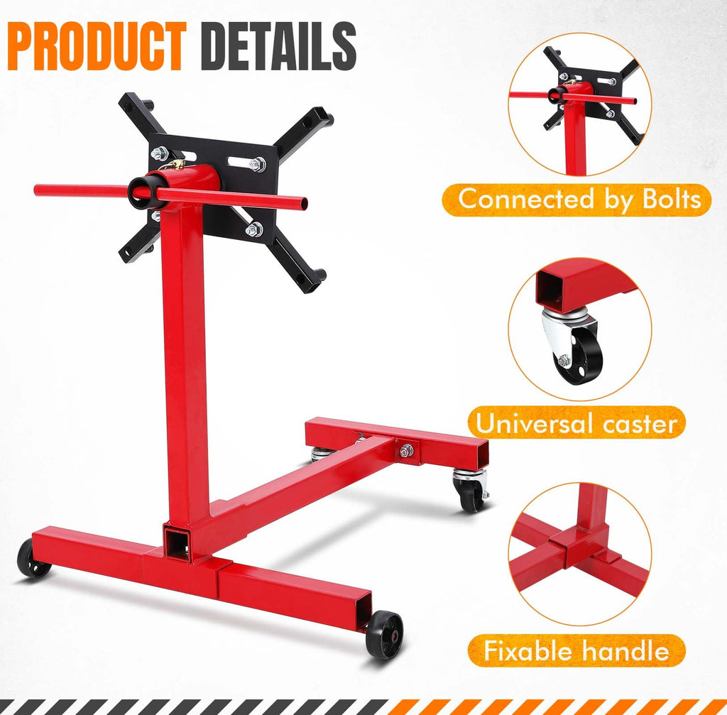 Garvee Engine Stand, 1500 lbs (3/4 Ton) Rotating Engine Motor Hoist with 360 Degree Adjustable Head, Cast Iron Folding Motor Hoist Dolly, 4-Caster, 4 Adjustable Arms, for Vehicle Maintenance