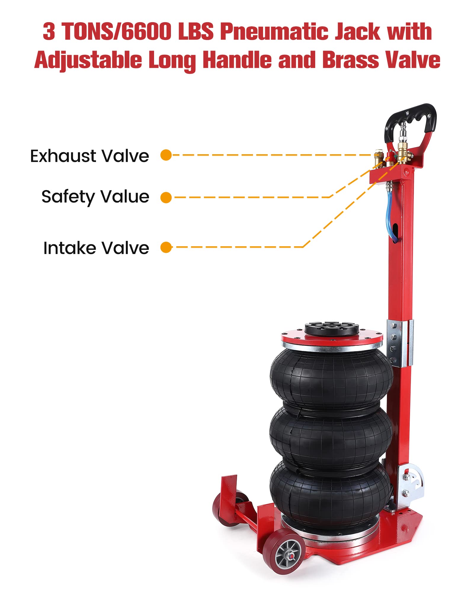 Garvee 3 Ton/6600 lbs Triple Bag Air Jack, Quick Air Bag Jack Lift Up to 15.75 Inch, 3-5S Fast Lifting, Air Bag Jack for Cars with Adjustable Long Handle, Brass Valve