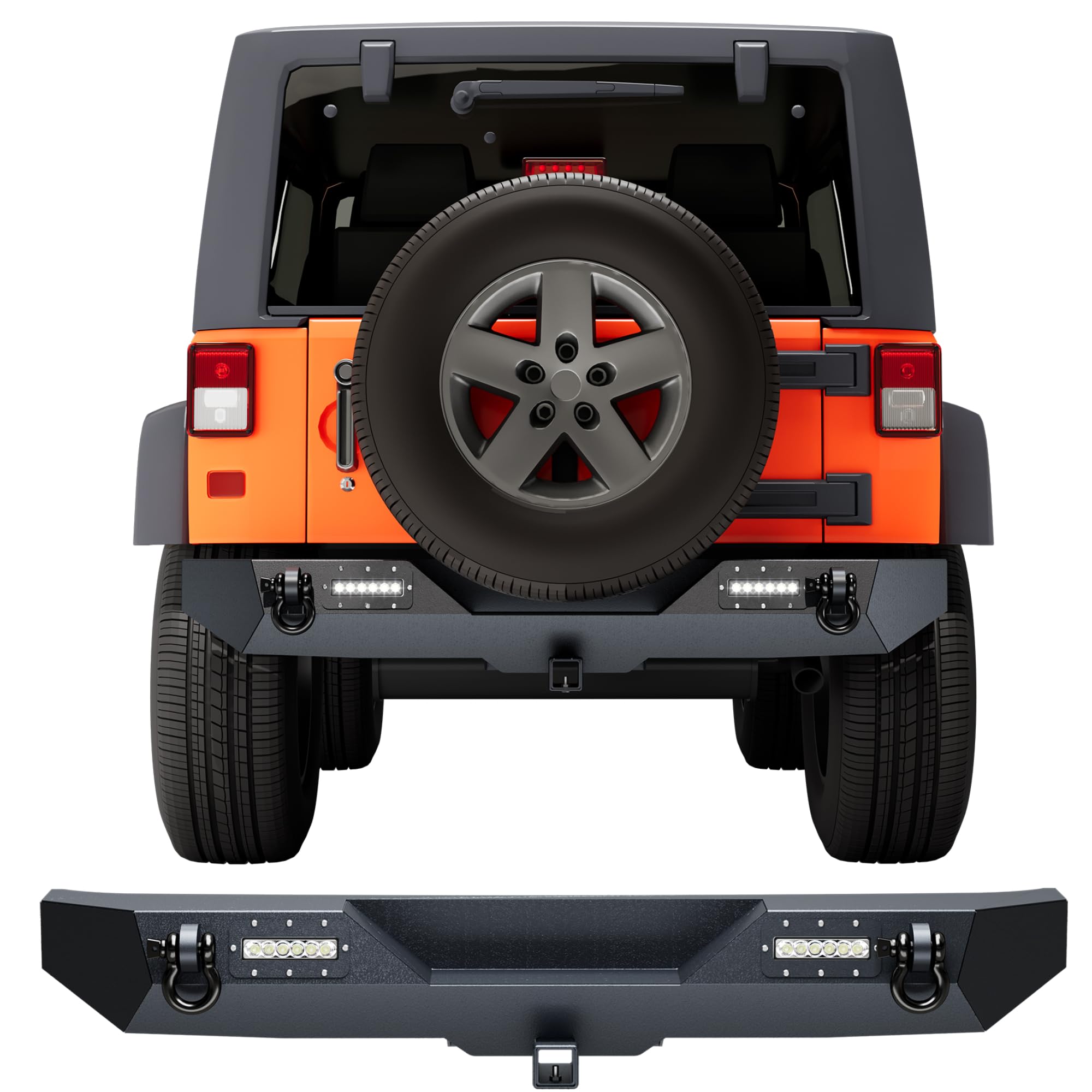 Garvee Rear Bumper Compatible With Wrangler JK, Rock Crawler Rear Bumper Cover With Hitch Receiver & 2X LED Lights, Off Road, Black