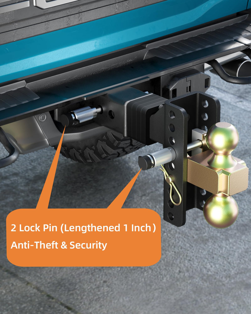 Garvee Adjustable Trailer Hitch Solid Hitch, Fits 2.5-Inch Receiver, 6-Inch Drop Hitch, Steel Tow Balls 2" & 2-5/16, 20,000 LBS GTW for Heavy Duty Truck, with 2 Locks