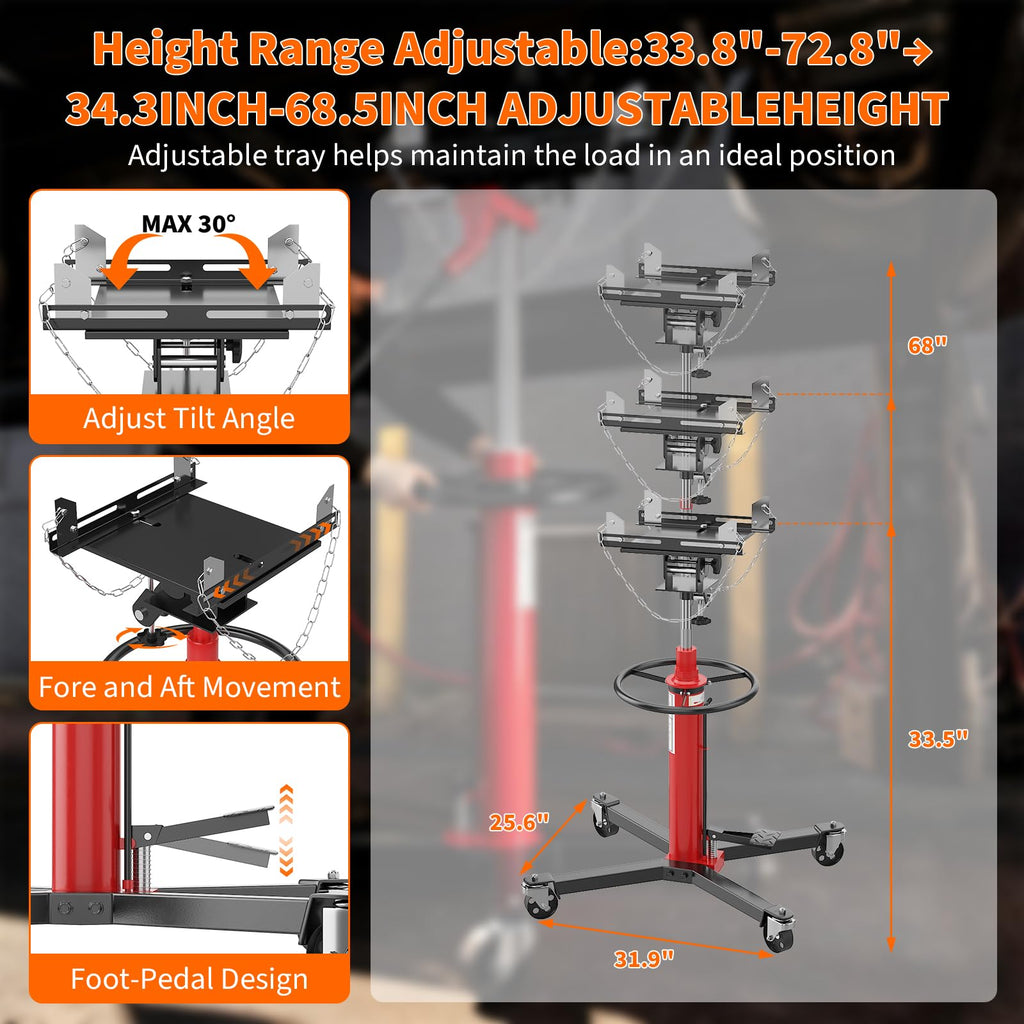 Garvee 1320lbs Transmission Jack - Heavy-Duty Hydraulic Telescoping High Lift Jack with Dual Spring-Loaded Pedals, 34"-68" Lifting Range for Auto Repair and Maintenance, Red
