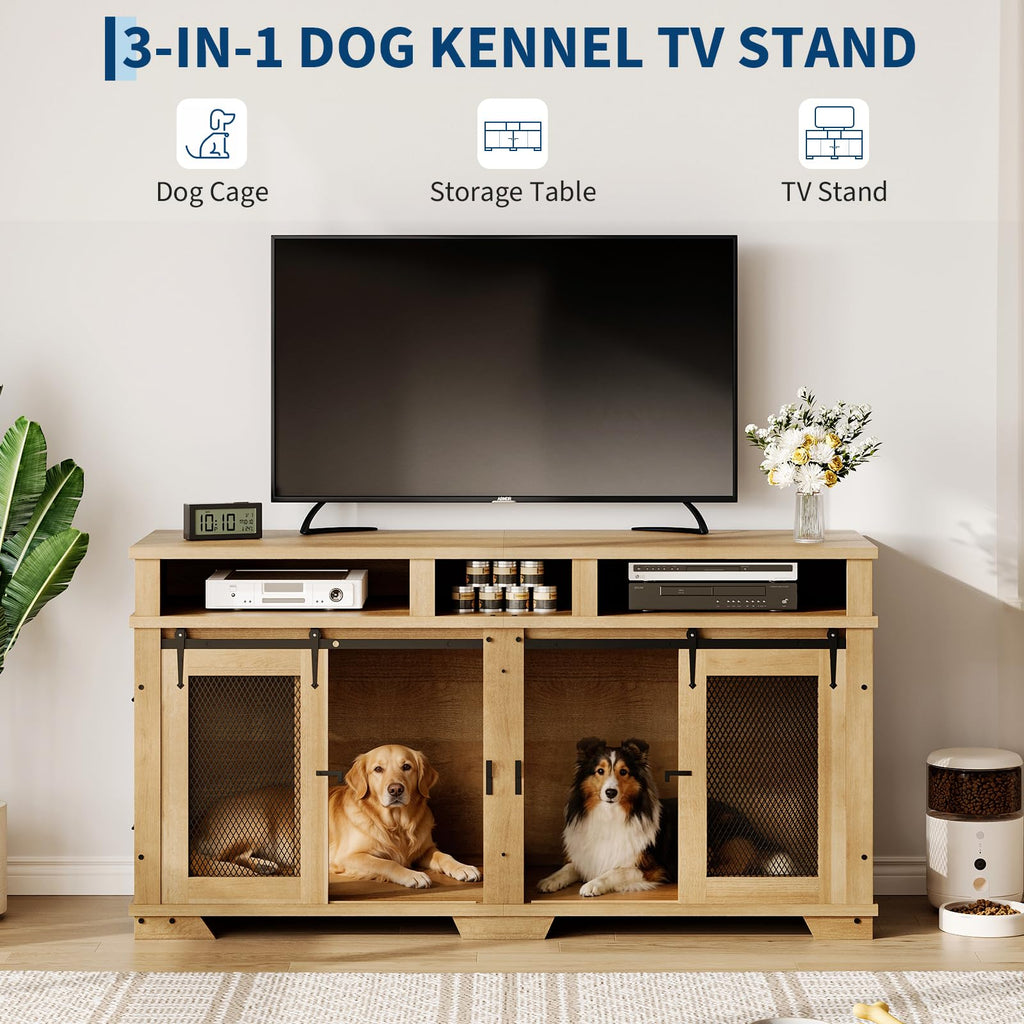Garvee 71'' Dog Crate Furniture for 2 Dogs, Extra Large Double Dog Kennel, Wooden TV Stand, White/Natural/Brown