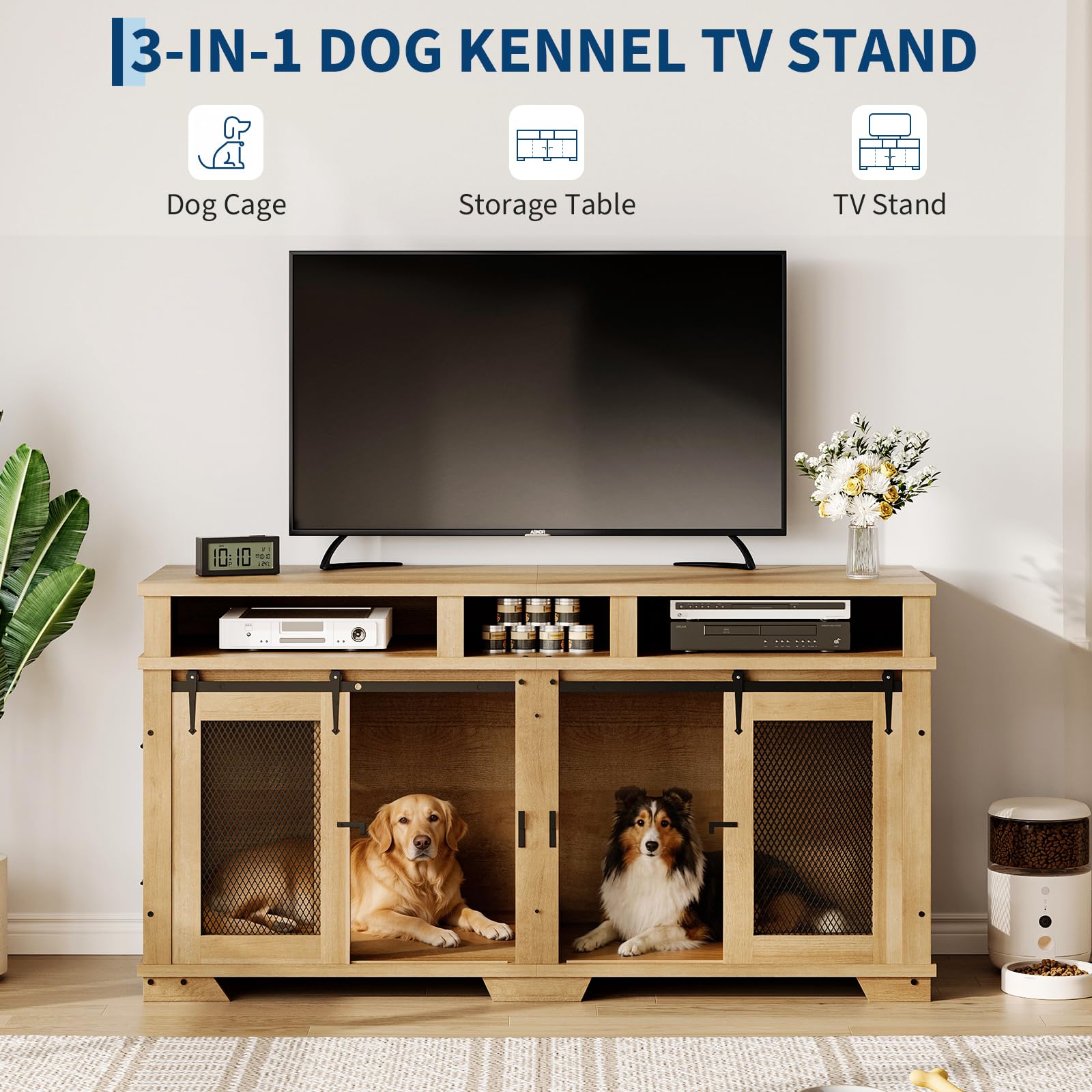 Garvee 71'' Dog Crate Furniture for 2 Dogs, Extra Large Double Dog Kennel, Wooden TV Stand, White/Natural/Brown