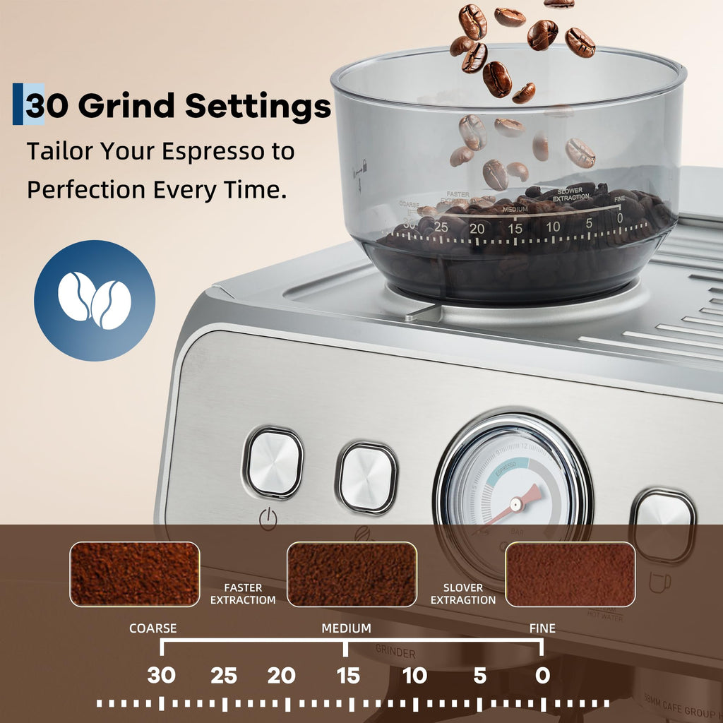 Garvee All-in-One Espresso 20-Bar Stainless Steel Espresso Machine with Grinder - Milk Frother, 2.8L Removable Water Tank, Perfect for Home and Office, Silver