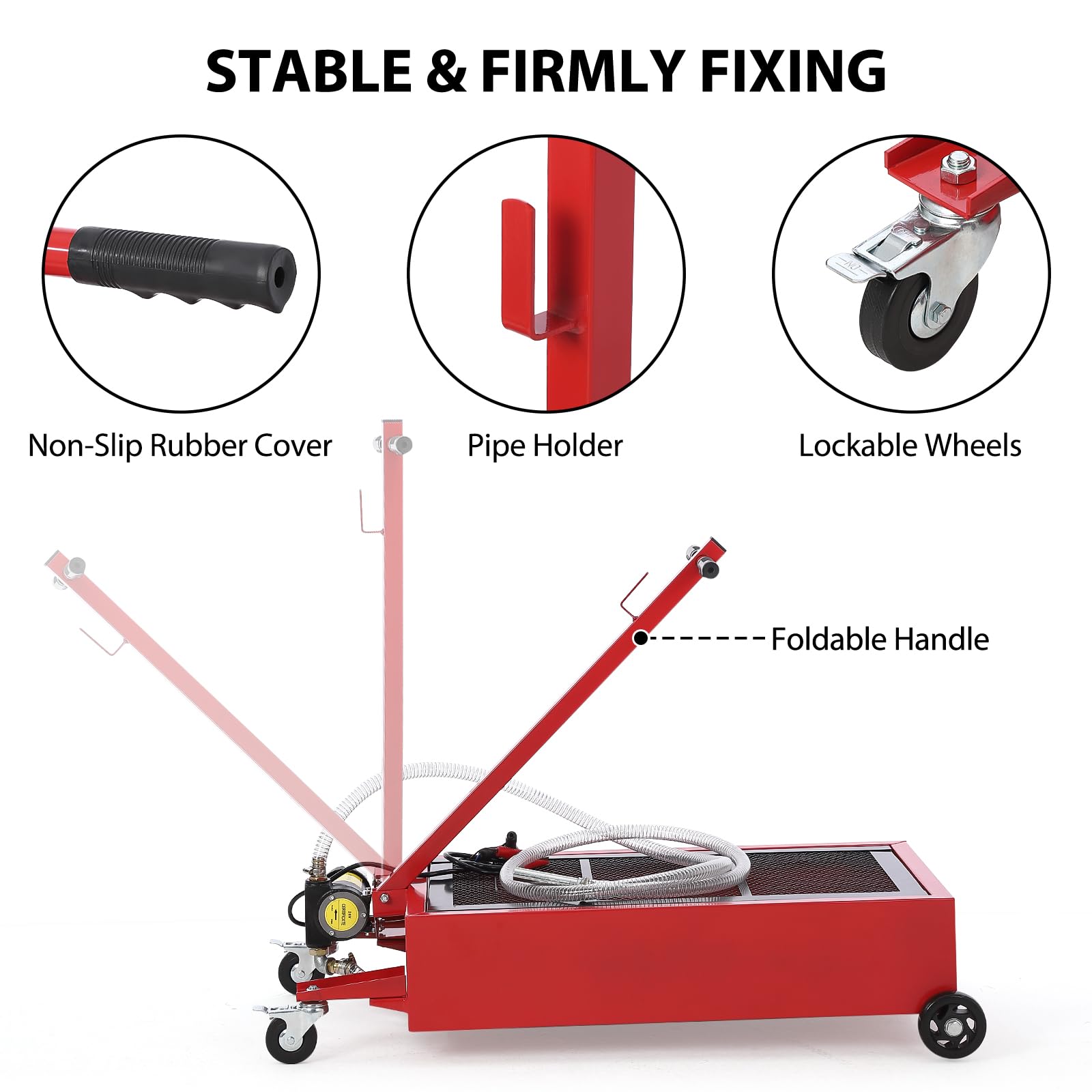 Garvee 20 Gal Oil Drain Pan with 12V Pump, Foldable T Handle, Wheels, 7.5 ft Hose, 76L Low Profile Tank for Car, Truck, Rust Resistant, Red