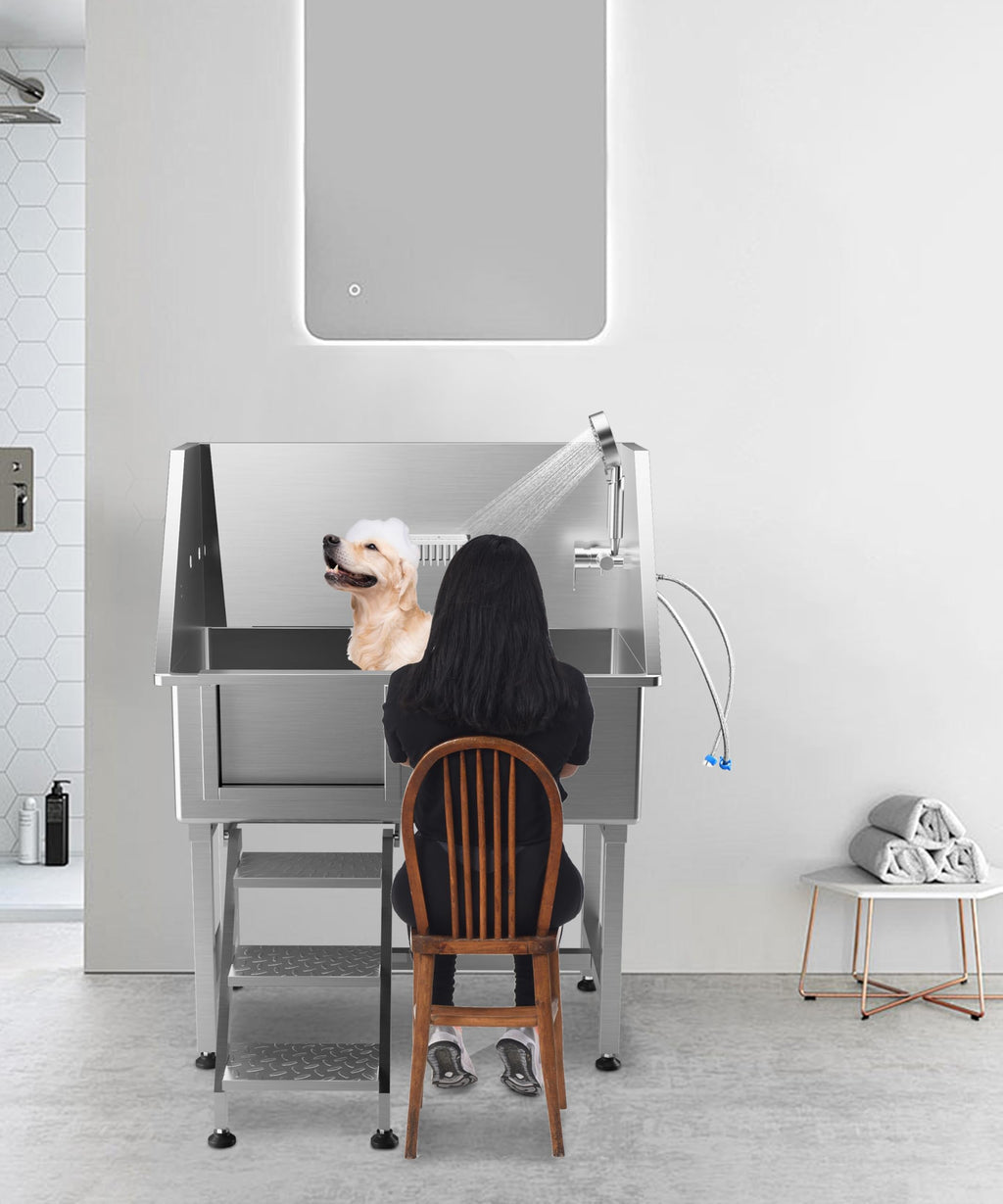 Garvee 38" Dog Grooming Bathtub, Professional Stainless Steel Pet Dog Bathing Station for Medium,Small Pets, Left Door & Stairs with Faucet, Sprayer, Drain