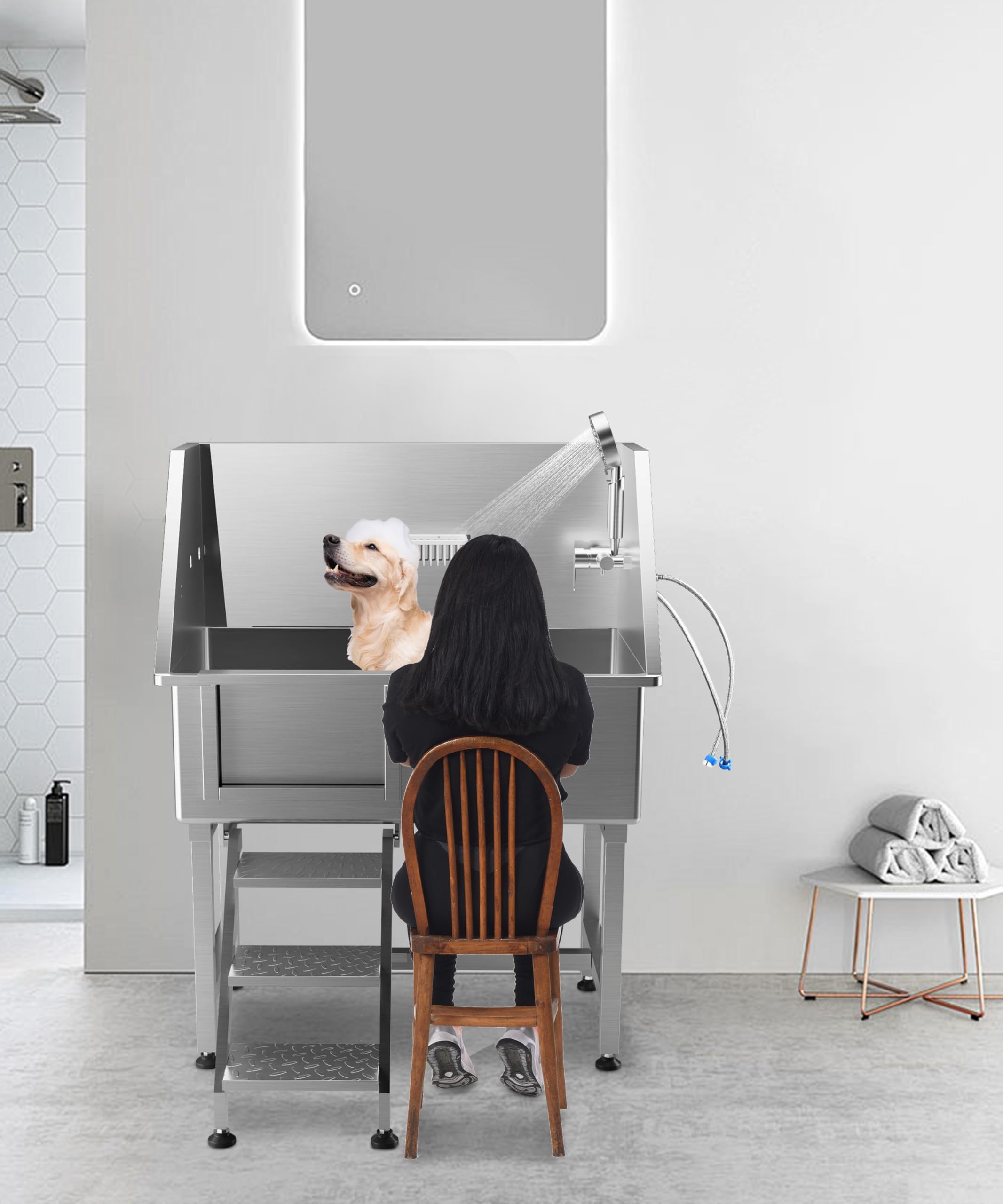 Garvee 38" Dog Grooming Bathtub, Professional Stainless Steel Pet Dog Bathing Station for Medium,Small Pets, Left Door & Stairs with Faucet, Sprayer, Drain
