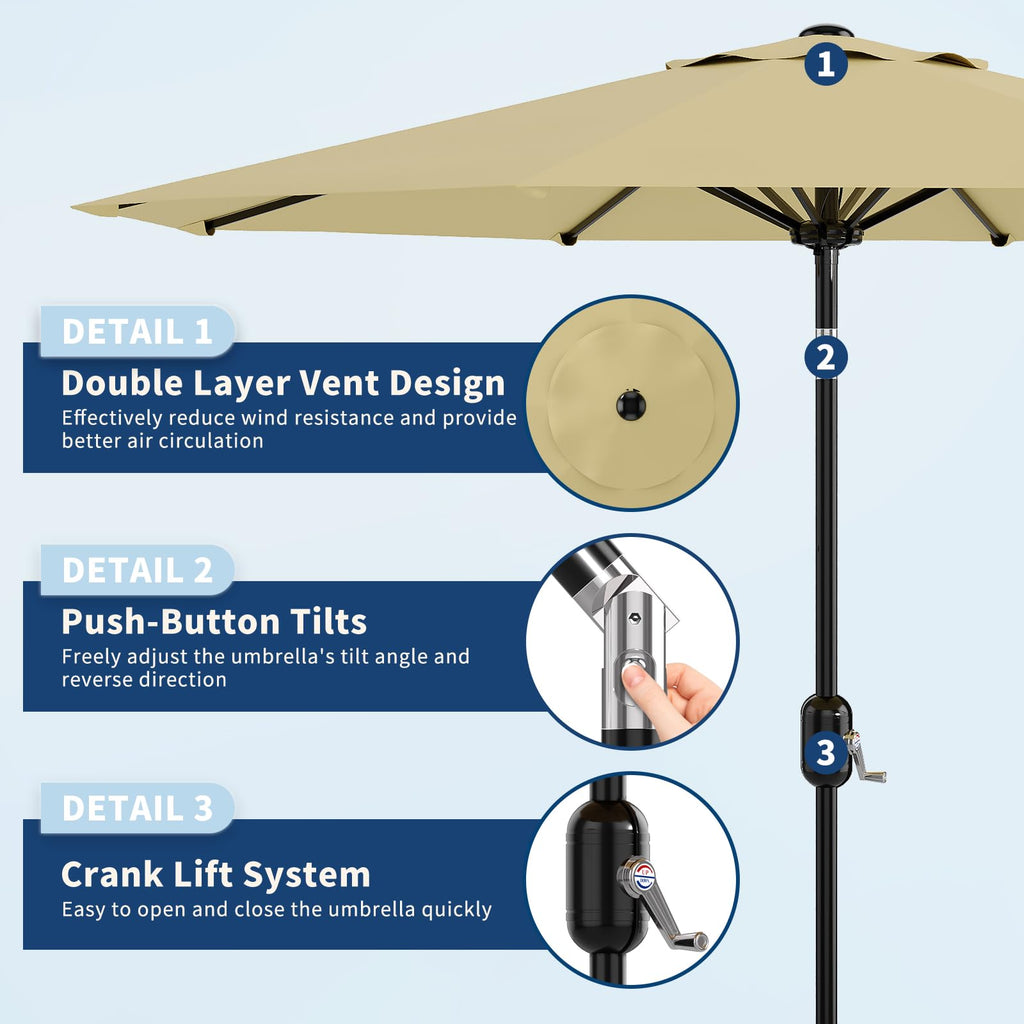Garvee 9' Outdoor Patio Umbrella, Outdoor Table Umbrella – Market Umbrella with Push Button Tilt, Crank, 8 Ribs, UV Waterproof for Garden, Deck, Pool, Beige