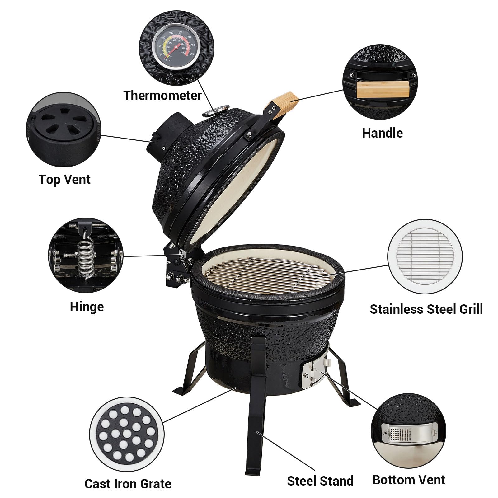 Garvee 13 Inch Portable Charcoal Grill with Cast Iron Stand and Heat Deflectors, Ceramic BBQ Charcoal Grill Heavy Duty with 10.6" Stainless Steel Grid for Outdoor Camping Smoking Grilling Baking Barbecue
