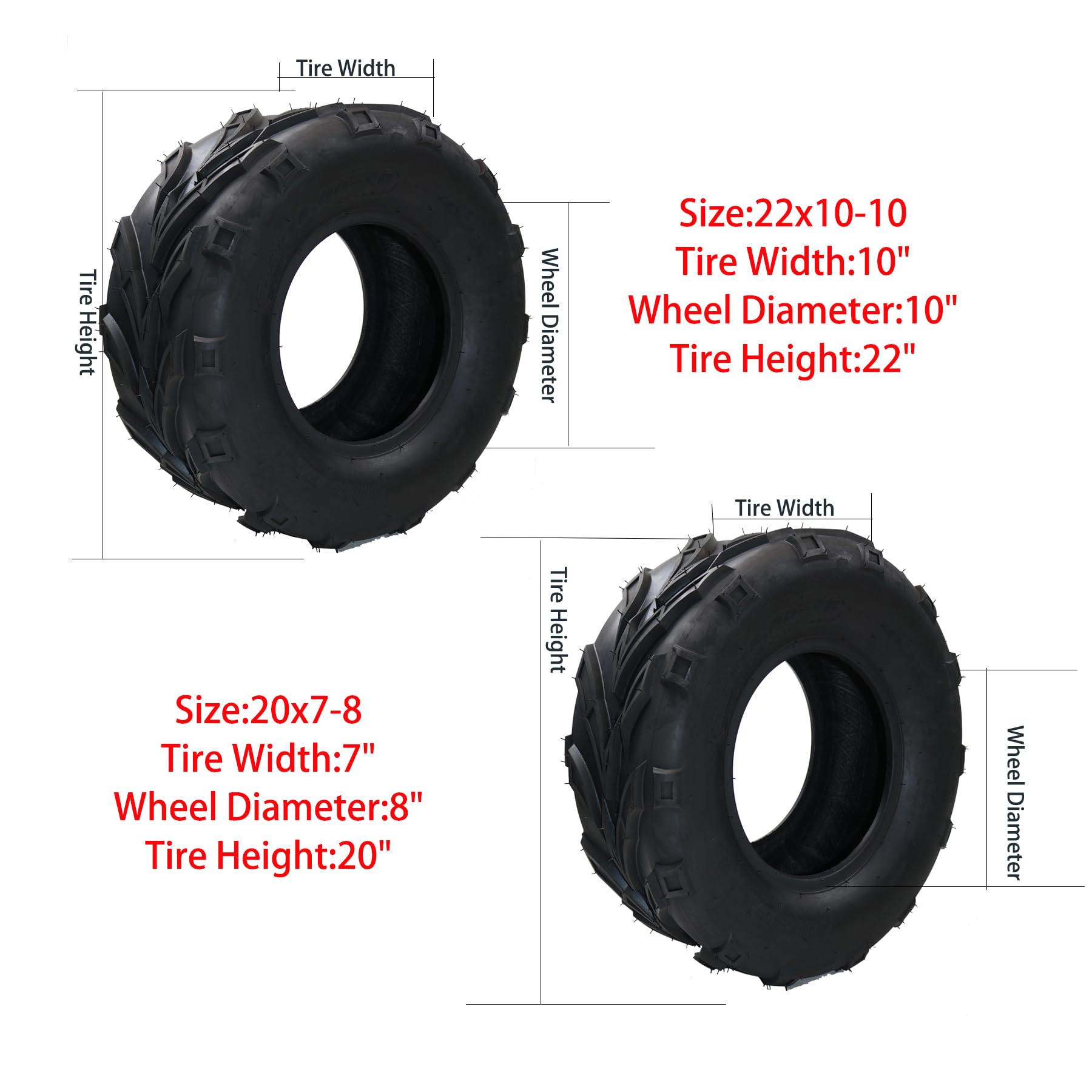 Garvee Set Of 22x10-10 & 20x7-8 ATV Tires 4 Pcs 6PR All Terrain Off Road Mud Sand Trail Tire Black