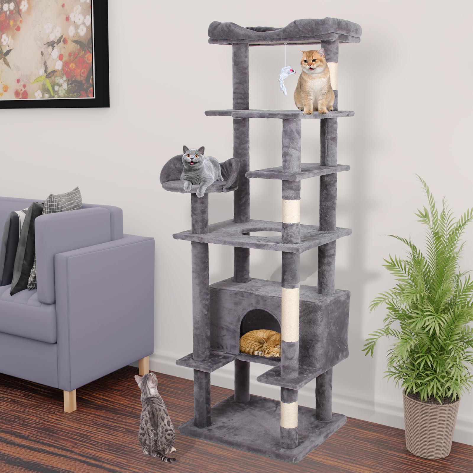 Garvee Cat Tree Tower, Multi-Level Indoor Cat Playground, Faux Fur Lounging Spot, Scratching and Exercise Post, with Anti-Tip Kit
