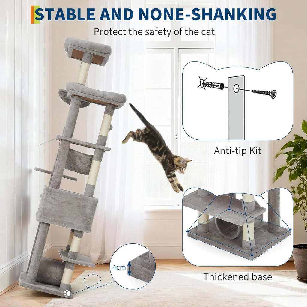 Garvee Multi-Level Cat Tree with Condo, 74" Tall Cat Tower with 11 Scratching Posts, Hammock, Tunnel, Large Top Perches & Anti-tip Kit, Indoor Cat Furniture for Large Cats, Light Gray