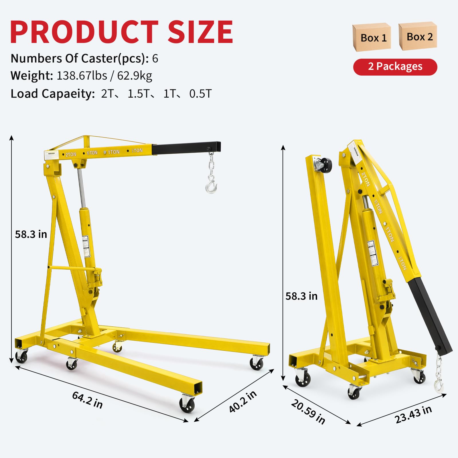 Garvee 2-Ton Folding Engine Hoist - 4400 lbs Capacity Cherry Picker Hydraulic Shop Crane with Telescoping Boom, 6 Caster Wheels, Hitch, and Storage Stand for Automotive Repair and Garage Use, Yellow