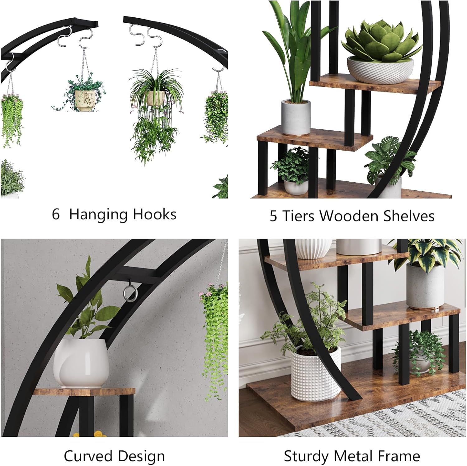 Garvee 5-Tier Half Moon Indoor Plant Stand - Metal Flower Shelf with Hanging Hooks for Indoor Gardening & Home Decor