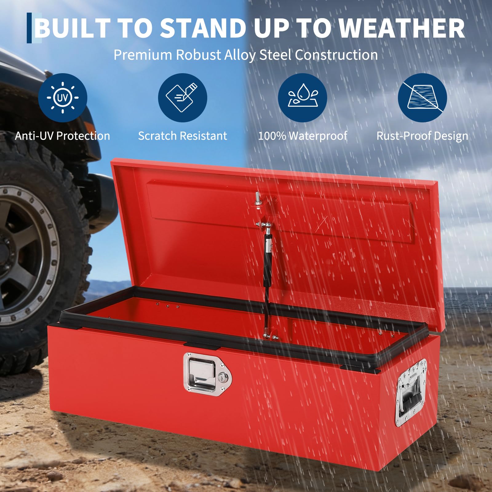 Garvee Truck Bed Tool Box - 48"x15"x15" Heavy-Duty Steel Storage Organizer with Gas Strut Lid, Waterproof Design, and Orange Peel Finish for Pickup, RV, and Trailer, Red