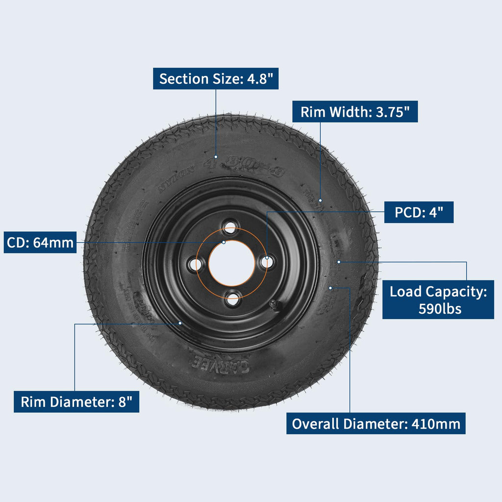 Garvee 4.80-8 Trailer Tires with Rims, 2 Pack, Load Range C 6PLY, 8"x3.75" Black Wheels 4 Lug on 4", Max Load 590 LBS @ 60 PSI, Reinforced Nylon Construction for Utility, Cargo & Boat Trailers