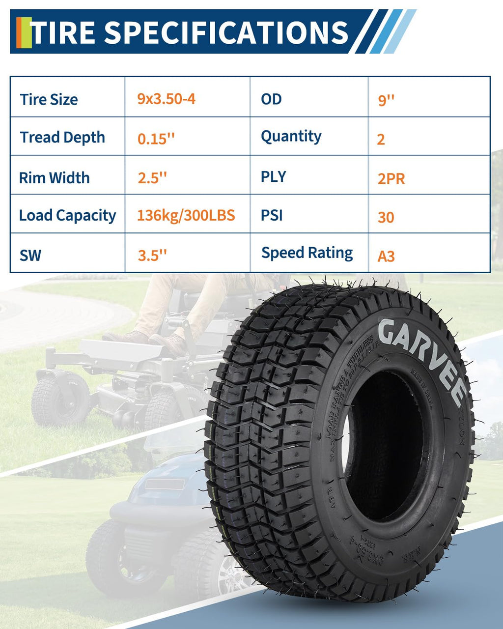 Garvee 2 Pack 9x3.50-4 Lawn Mower Tire V Pattern Tubeless for Lawn Garden Riding Mower Tractor Golf Cart Utility Vehicles 4PR Black