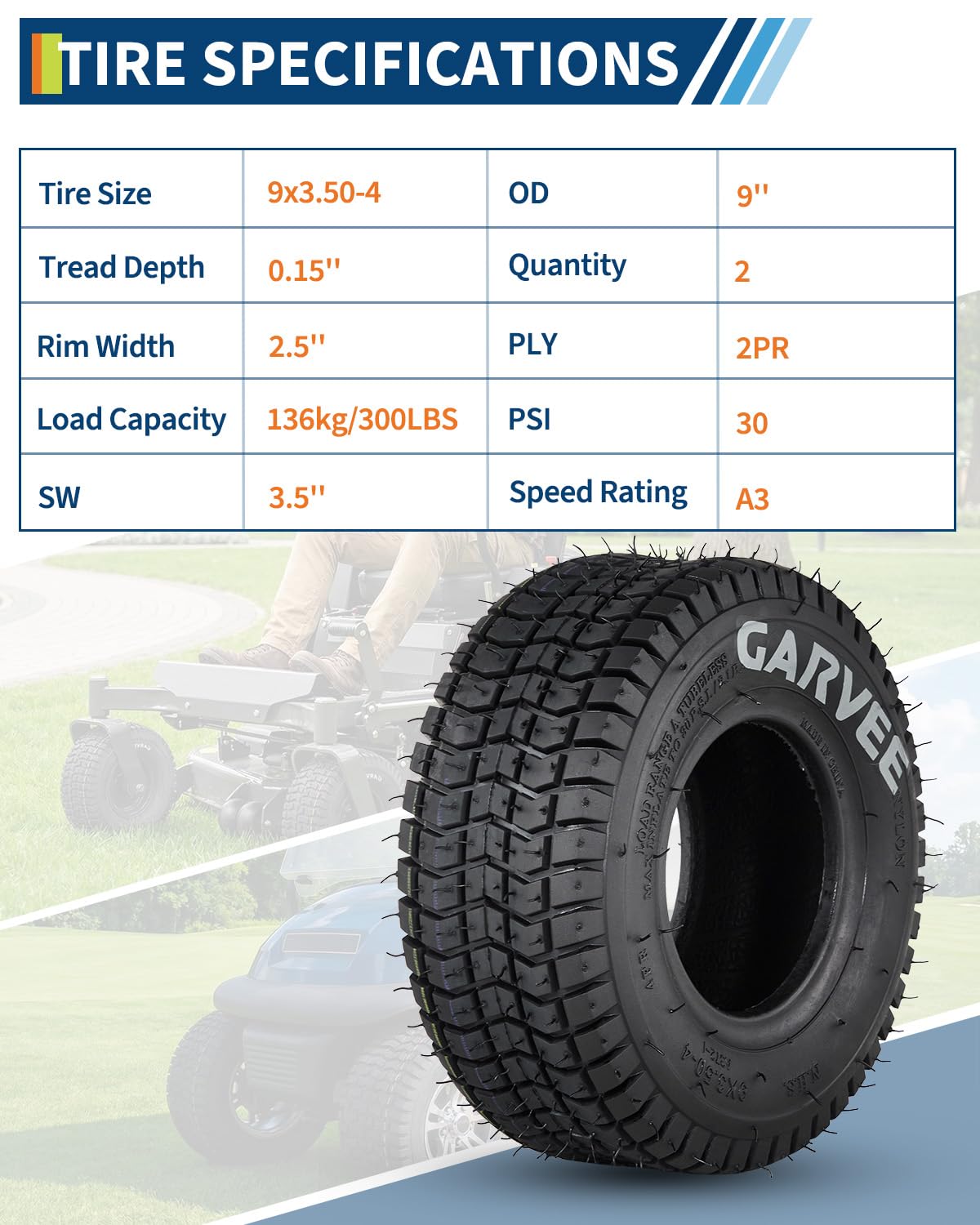 Garvee 2 Pack 9x3.50-4 Lawn Mower Tire V Pattern Tubeless for Lawn Garden Riding Mower Tractor Golf Cart Utility Vehicles 4PR Black
