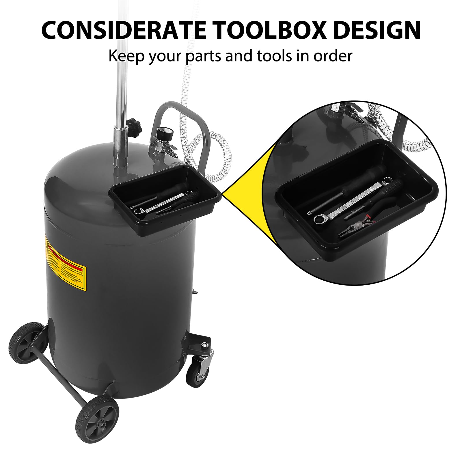 Garvee 20 Gallon Waste Oil Drain Tank - Portable Air-Operated Oil Drainer with Adjustable Funnel Height, 15'' Premium Bowl, Wheels, and Toolbox for Fluid Fuel Transfer and Drainage, Black