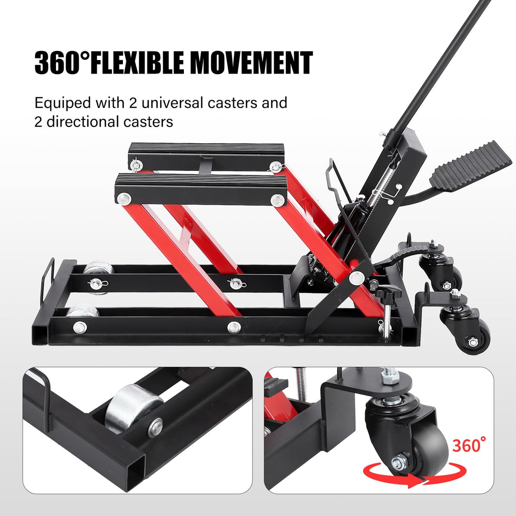 Garvee Hydraulic Motorcycle Lift Jack, 1500 Lbs Capacity Scissor Lift Jack with 4 Wheels and Handle, Portable Foot-Operated Hoist Stand Motorcycle Lift Table for ATV, Motorcycle, UTV, Powersports