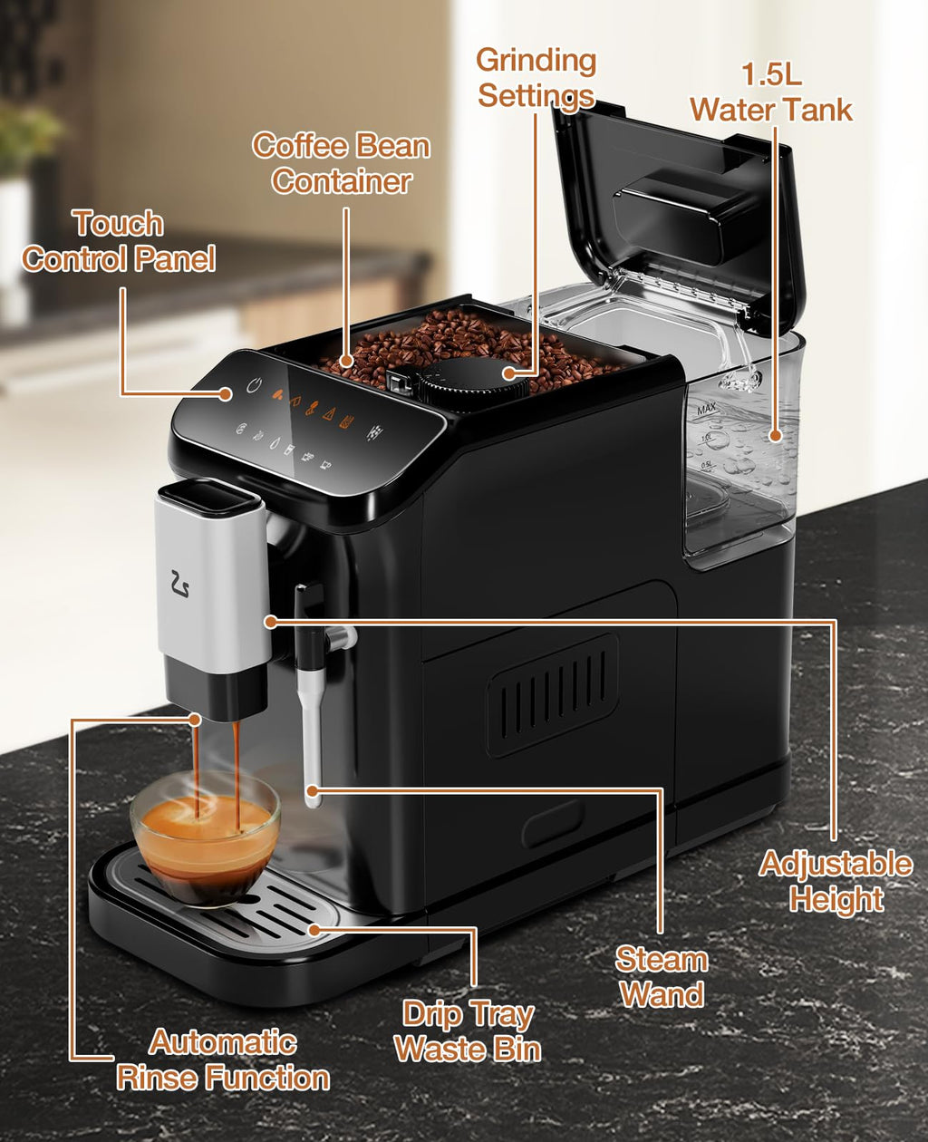 Garvee Espresso Machine with Grinder, 20 Bar Professional Espresso Maker with Milk Frother Steam Wand, 1.5L Water Tank, Touch Display, 1-15 Adjustable Grind Size Levels, Gift for Coffee Lover