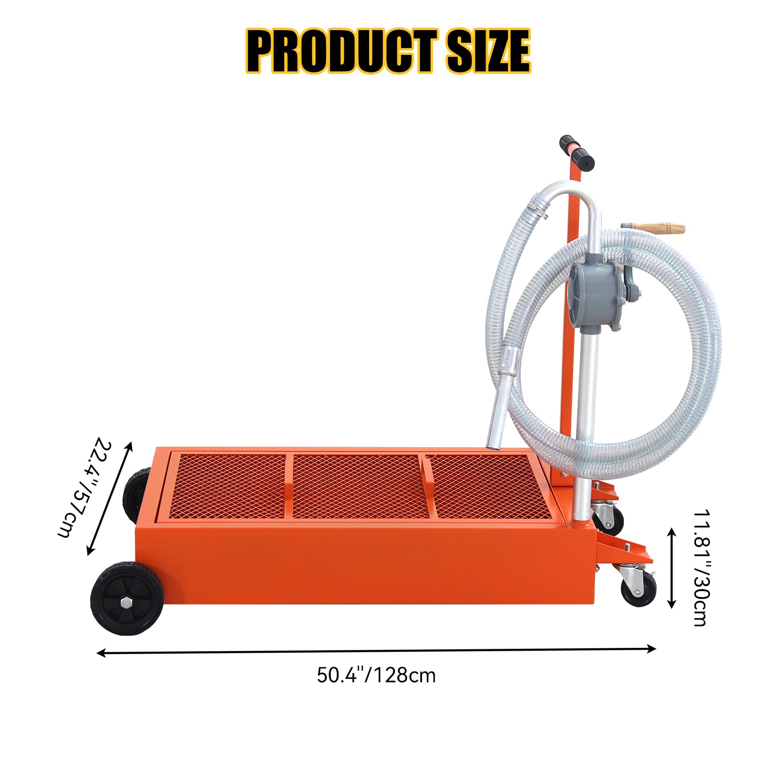 Garvee 20 Gallon Hand Pum Low Profile Portable Oil Drain Pan,with T-Handle,for Car,Suvs with Hose,Casters - Orange