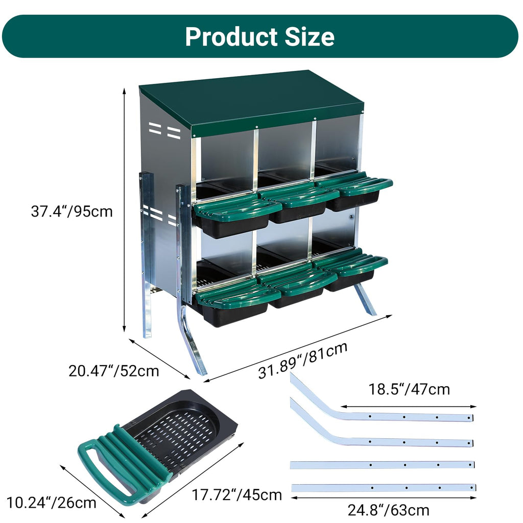 Garvee Nesting Boxes for Chickens, 6 Compartment Roll Away Nesting Box with Egg Collection, Perch, Lid Cover for Egg Protection, Wall Mount/Free Standing Nest Box for Chickens