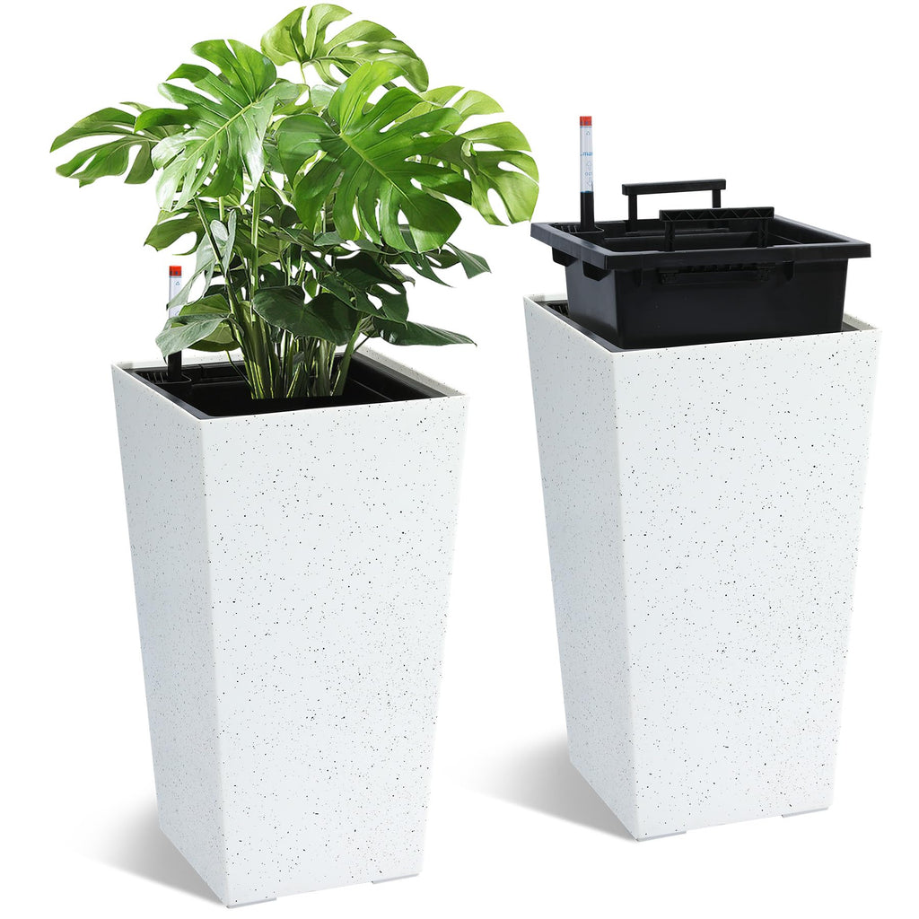 Garvee 21.6" Tall Rectangular Planters Set of 2 Large Modern Plant Pots with Drainage Holes＆Water Level Monitor＆Wheels Outdoor and Indoor for Patio, Porch, Living Room, or Home Office,White and Black Dots